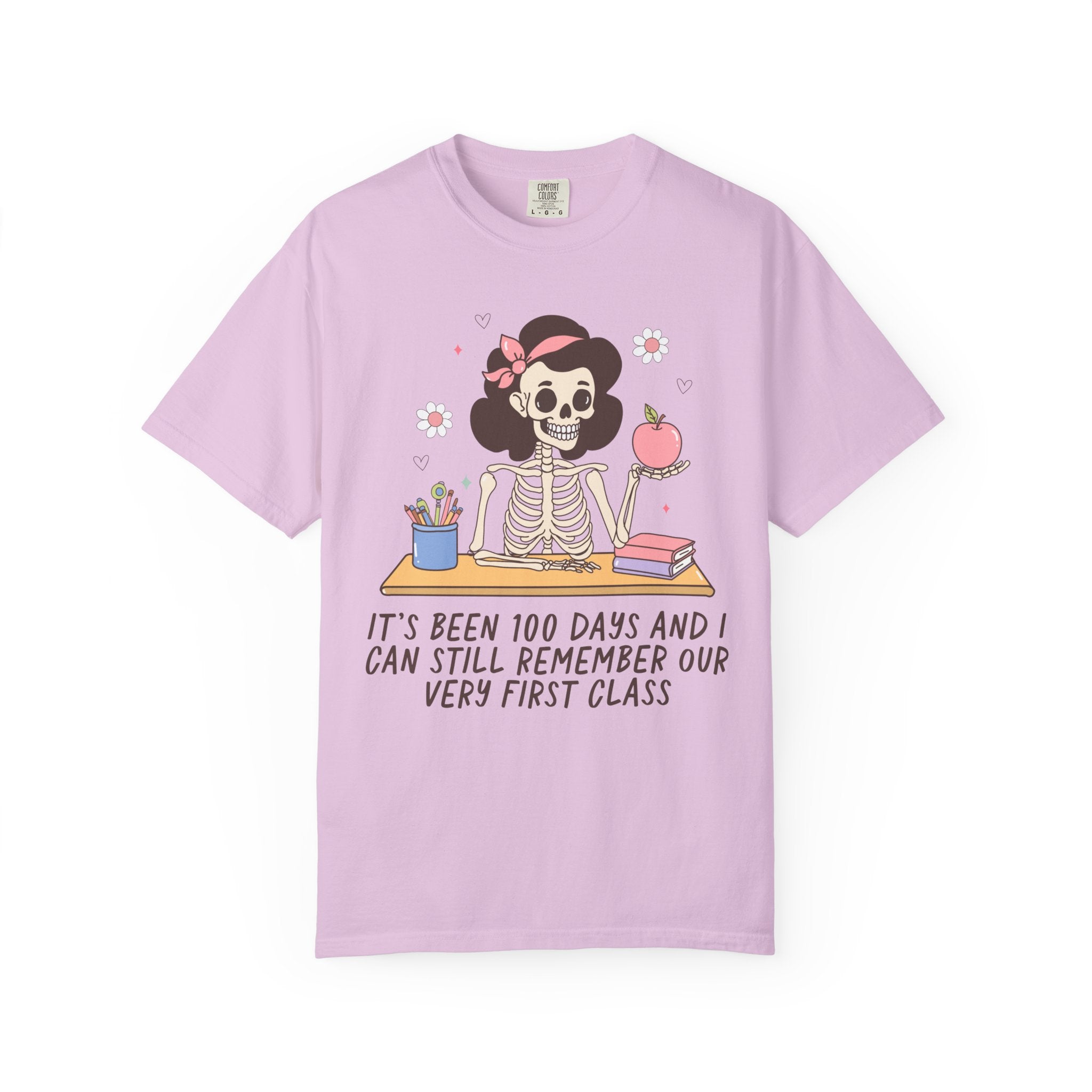 Silly One Hundred Days of School Teacher T-Shirt for Third Grade Crew or Fourth Grade Squad, Funny Retro Skeleton Teacher Holding an Apple - Opal and June