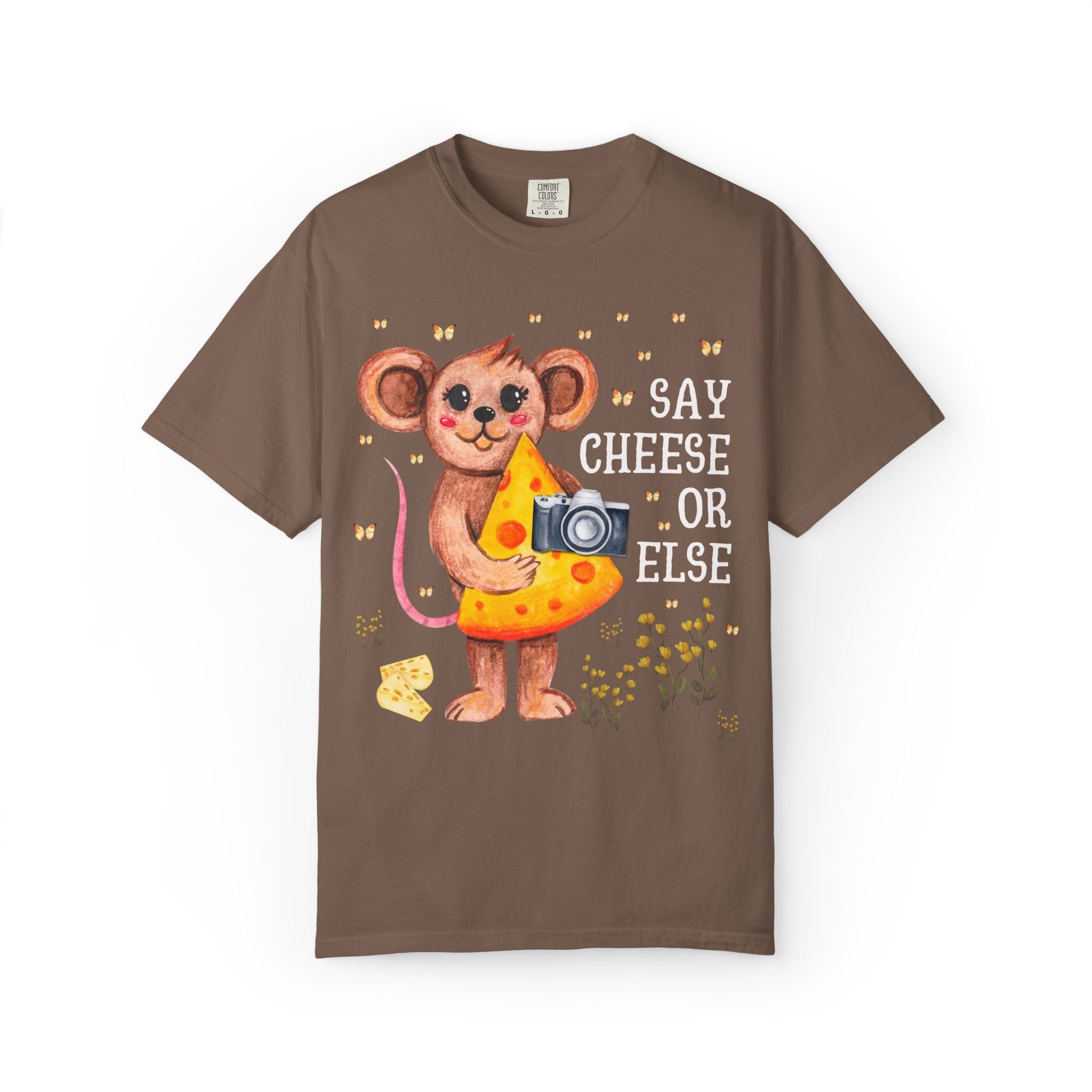Silly Photographer Gift with Mouse Holding a Camera: Say Cheese or Else, Funny Sarcastic Wedding Photographer T-Shirt with Butterflies - Opal and June