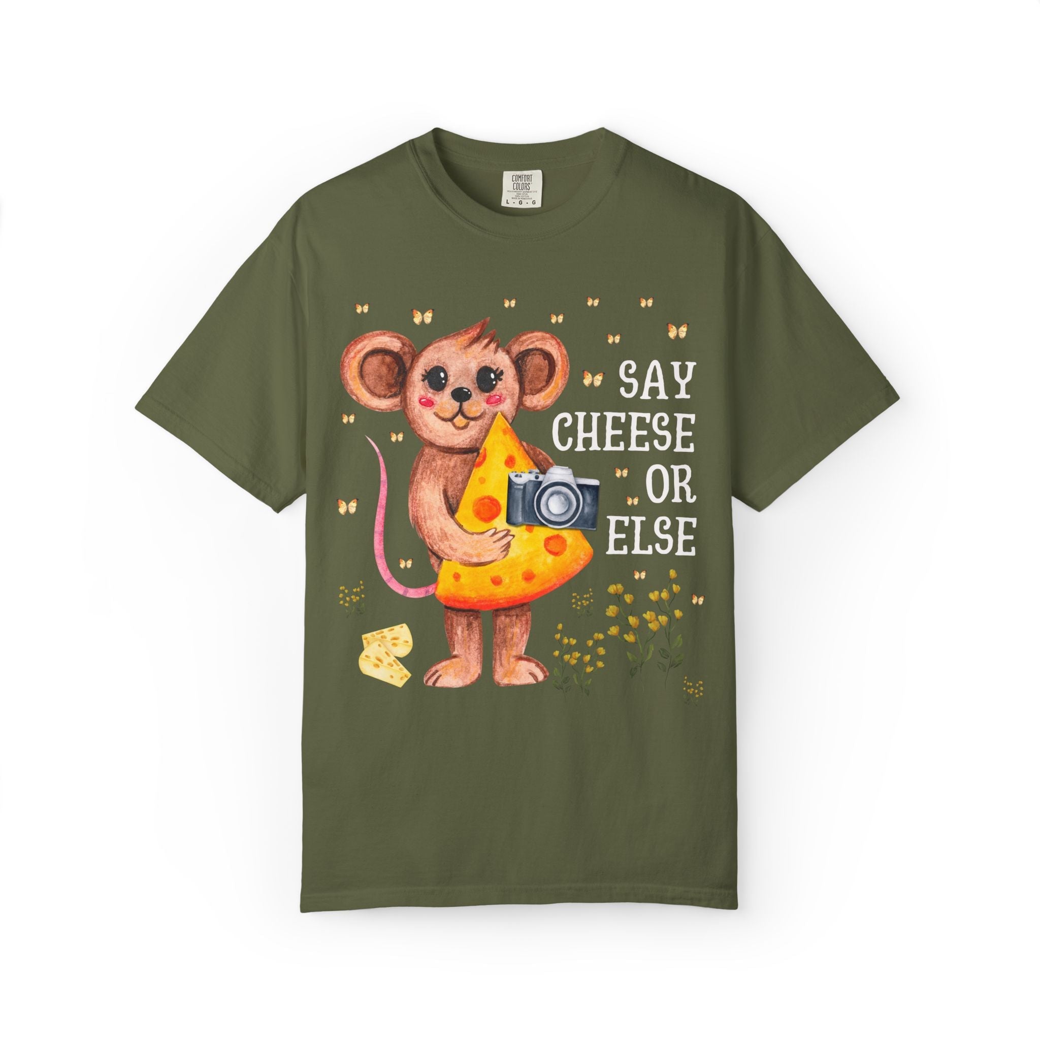 Silly Photographer Gift with Mouse Holding a Camera: Say Cheese or Else, Funny Sarcastic Wedding Photographer T-Shirt with Butterflies - Opal and June
