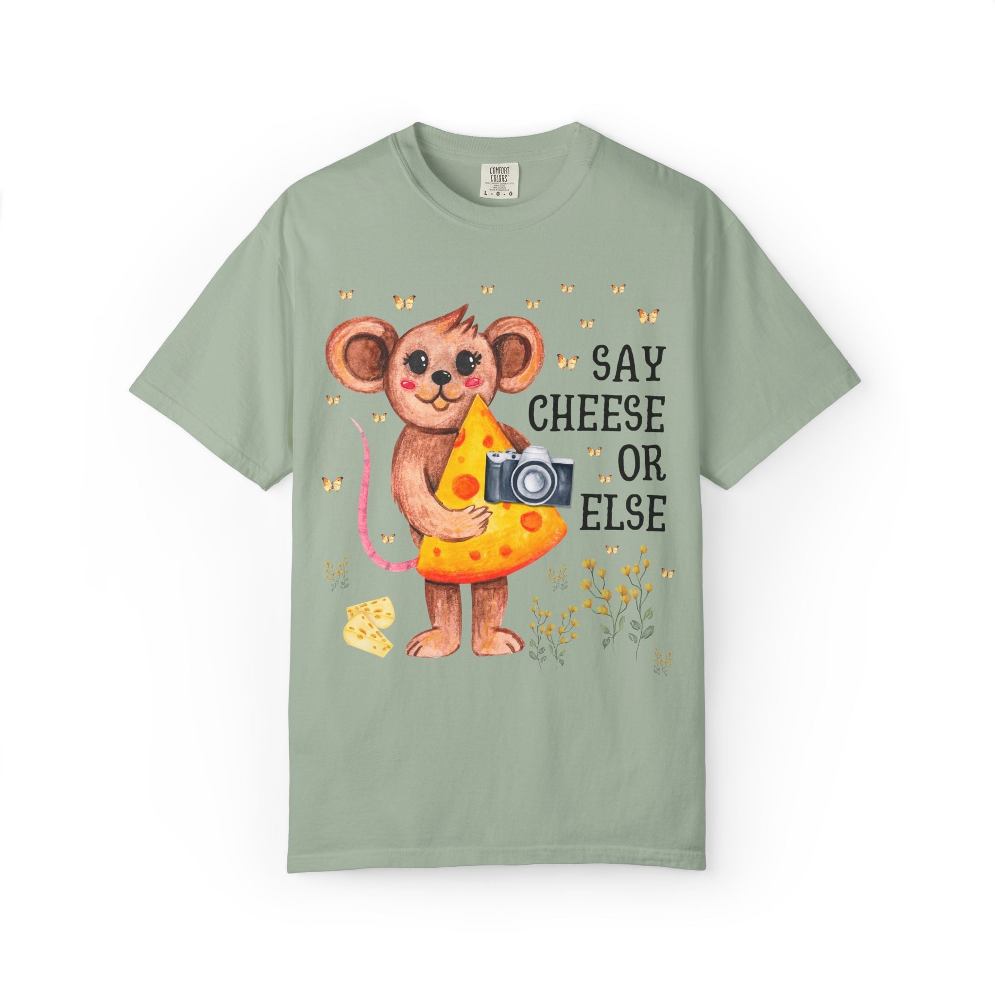 Silly Photographer Gift with Mouse Holding a Camera: Say Cheese or Else, Funny Sarcastic Wedding Photographer T-Shirt with Butterflies - Opal and June