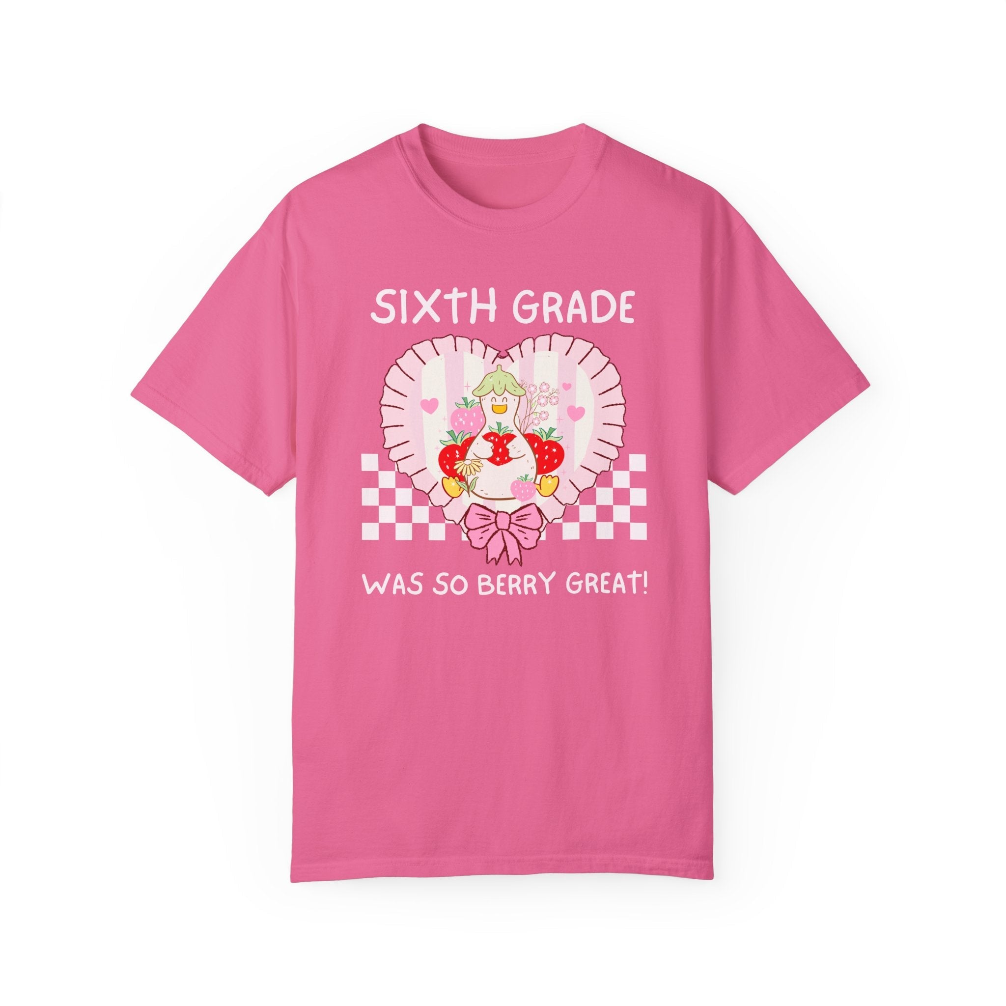 Sixth Grade Last Day of School Teacher Tee Shirt with Silly Goose Holding Strawberries in a Heart, Cute Matching Sixth Grade Crew T-Shirt - Opal and June