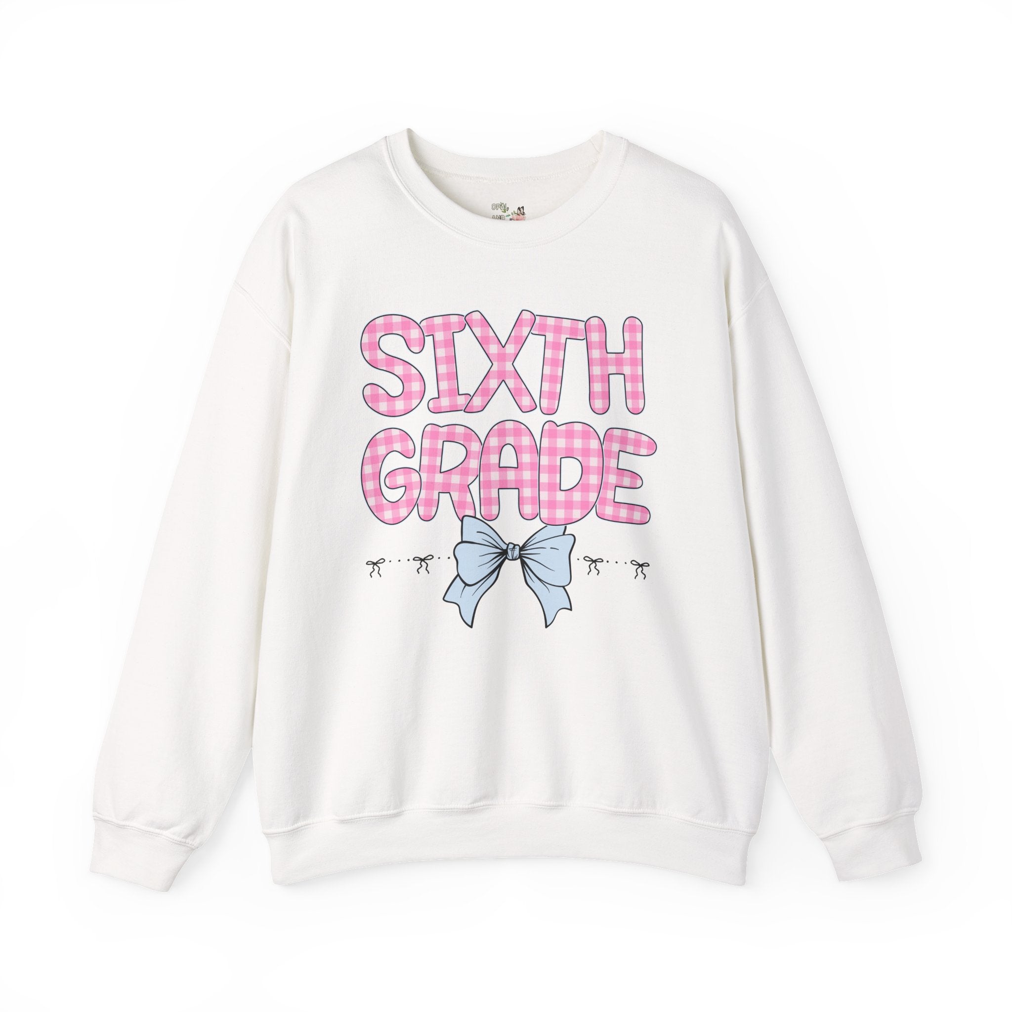 Sixth Grade Teacher Sweatshirt, Pink Gingham Letters, First Day of School, Back to School Matching Teacher Shirt with Bow, Soft Girl Style - Opal and June