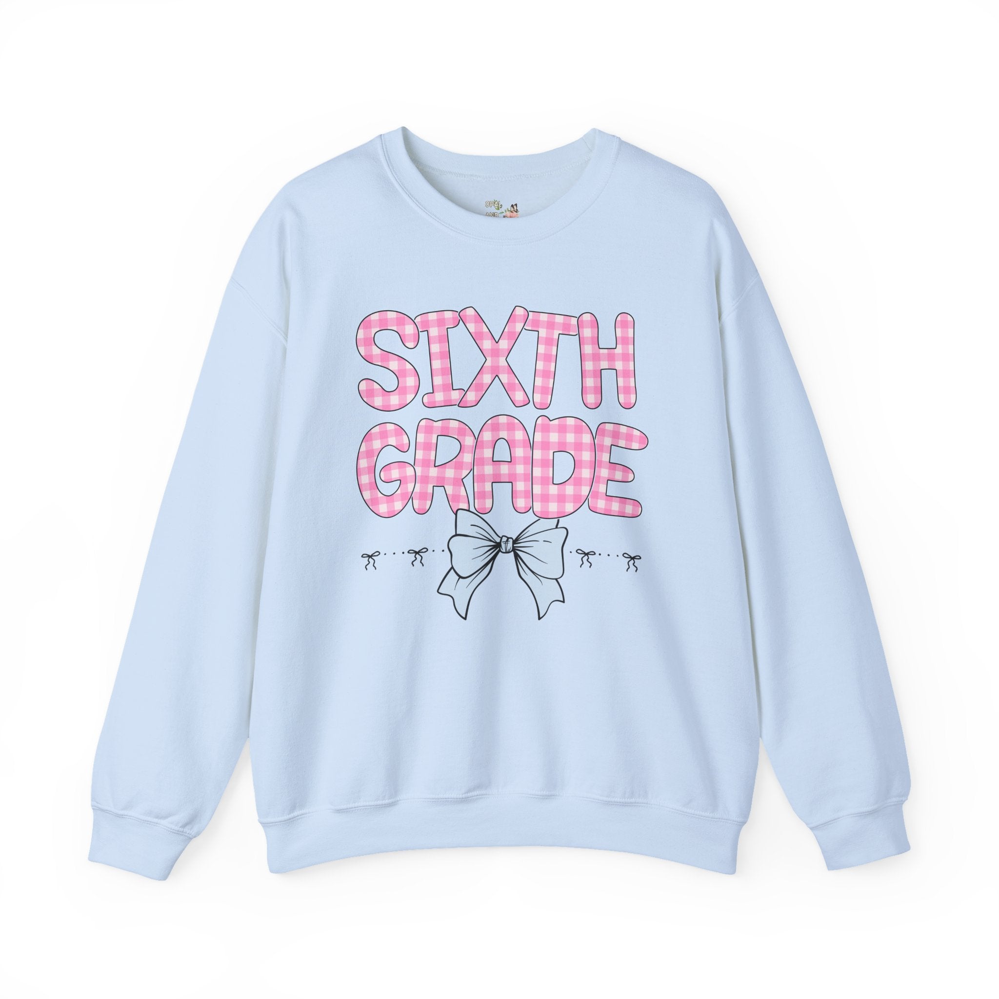 Sixth Grade Teacher Sweatshirt, Pink Gingham Letters, First Day of School, Back to School Matching Teacher Shirt with Bow, Soft Girl Style - Opal and June