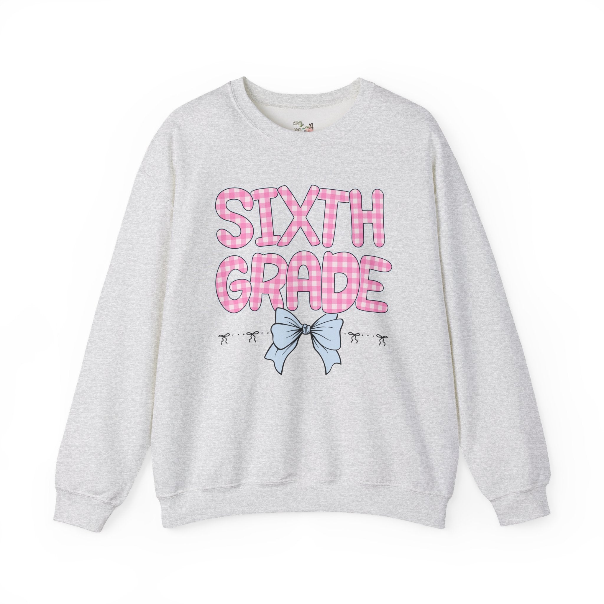 Sixth Grade Teacher Sweatshirt, Pink Gingham Letters, First Day of School, Back to School Matching Teacher Shirt with Bow, Soft Girl Style - Opal and June