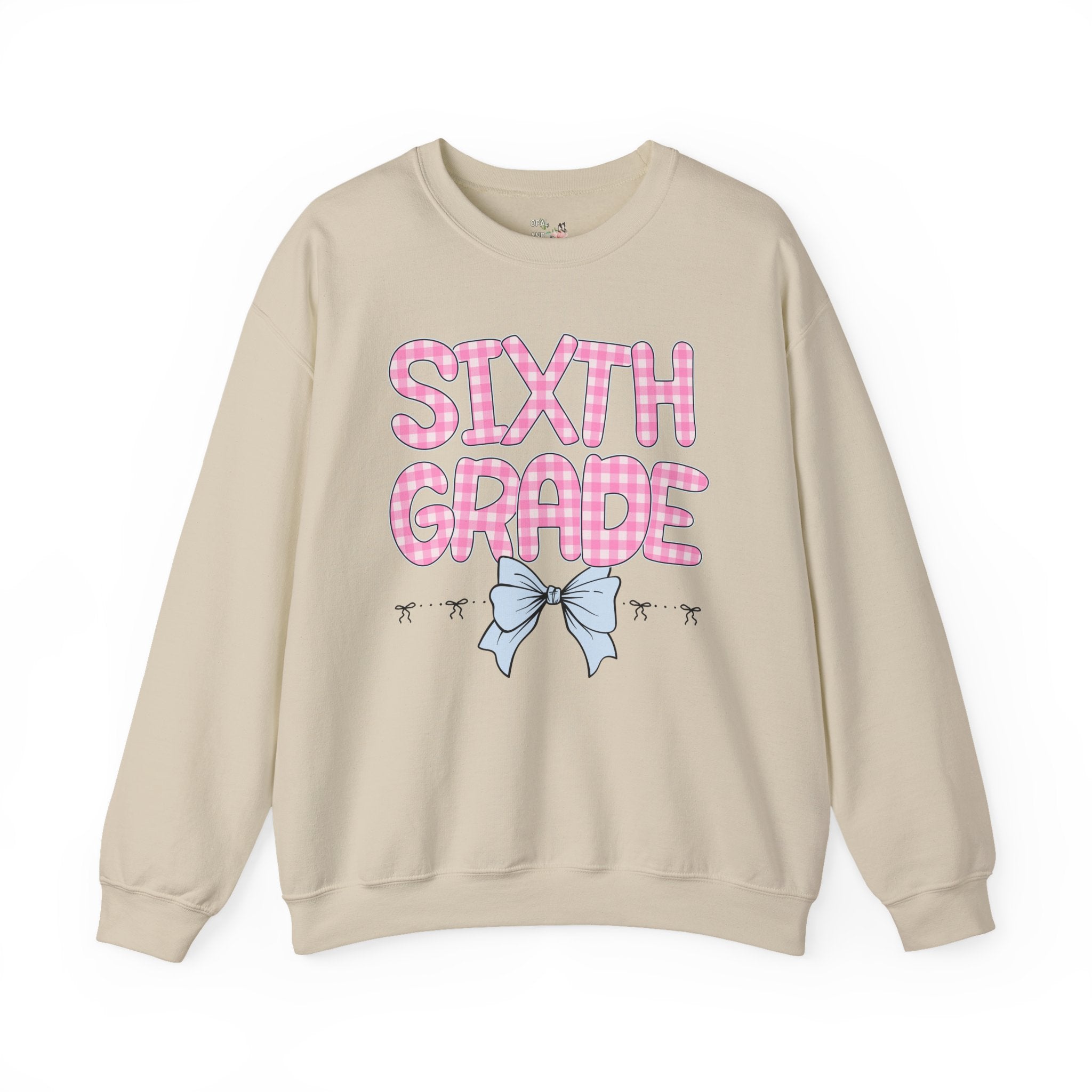 Sixth Grade Teacher Sweatshirt, Pink Gingham Letters, First Day of School, Back to School Matching Teacher Shirt with Bow, Soft Girl Style - Opal and June