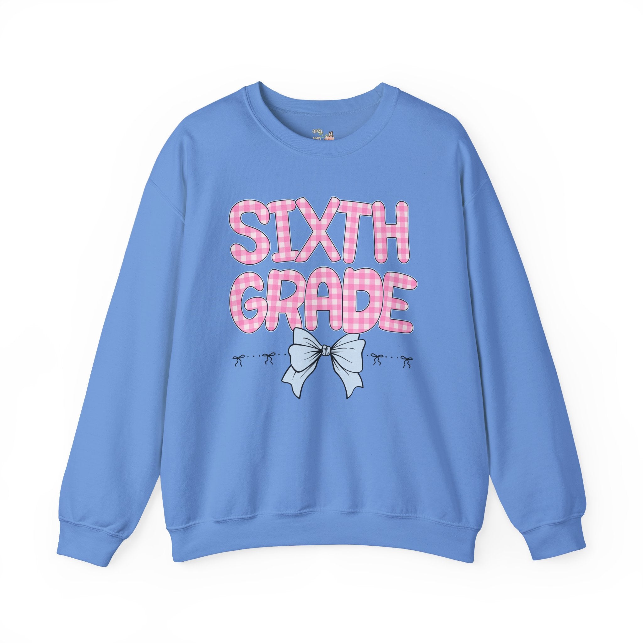 Sixth Grade Teacher Sweatshirt, Pink Gingham Letters, First Day of School, Back to School Matching Teacher Shirt with Bow, Soft Girl Style - Opal and June