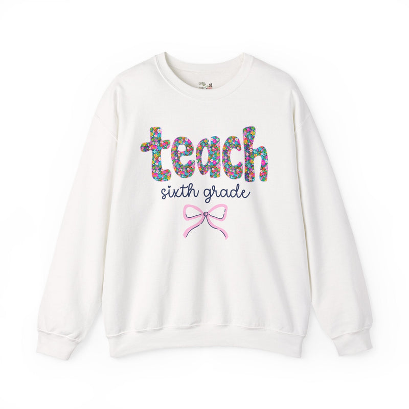 Sixth Grade Teacher Sweatshirt with Colorful Flowers and Bow, Teacher Team Shirt for Back to School, New Teacher Gift, Teacher Appreciation - Opal and June
