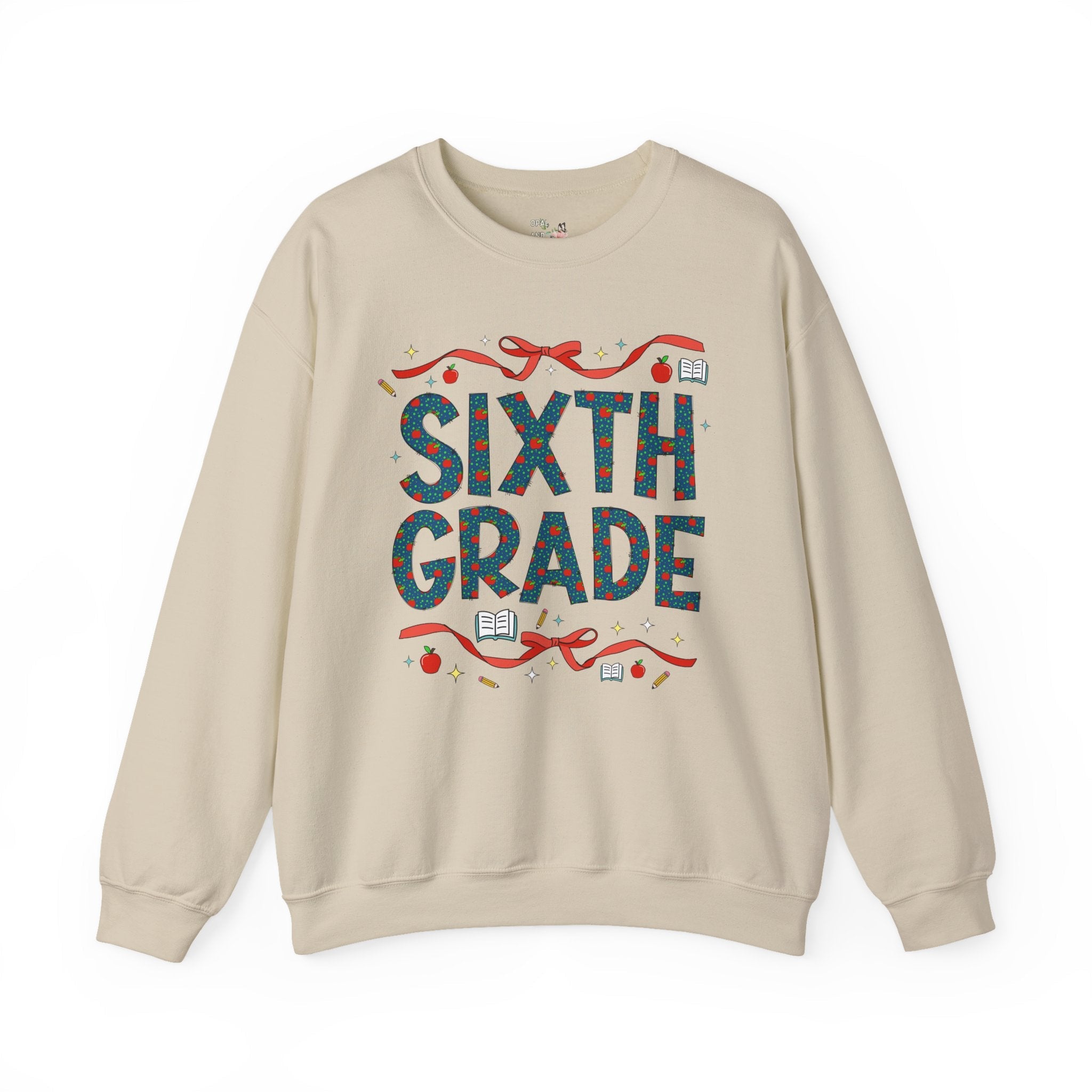 Sixth Grade Teacher Sweatshirt with Cute Bows and Retro Apples, Teacher Team Crewneck for Back to School, First Day of School Matching Tee - Opal and June