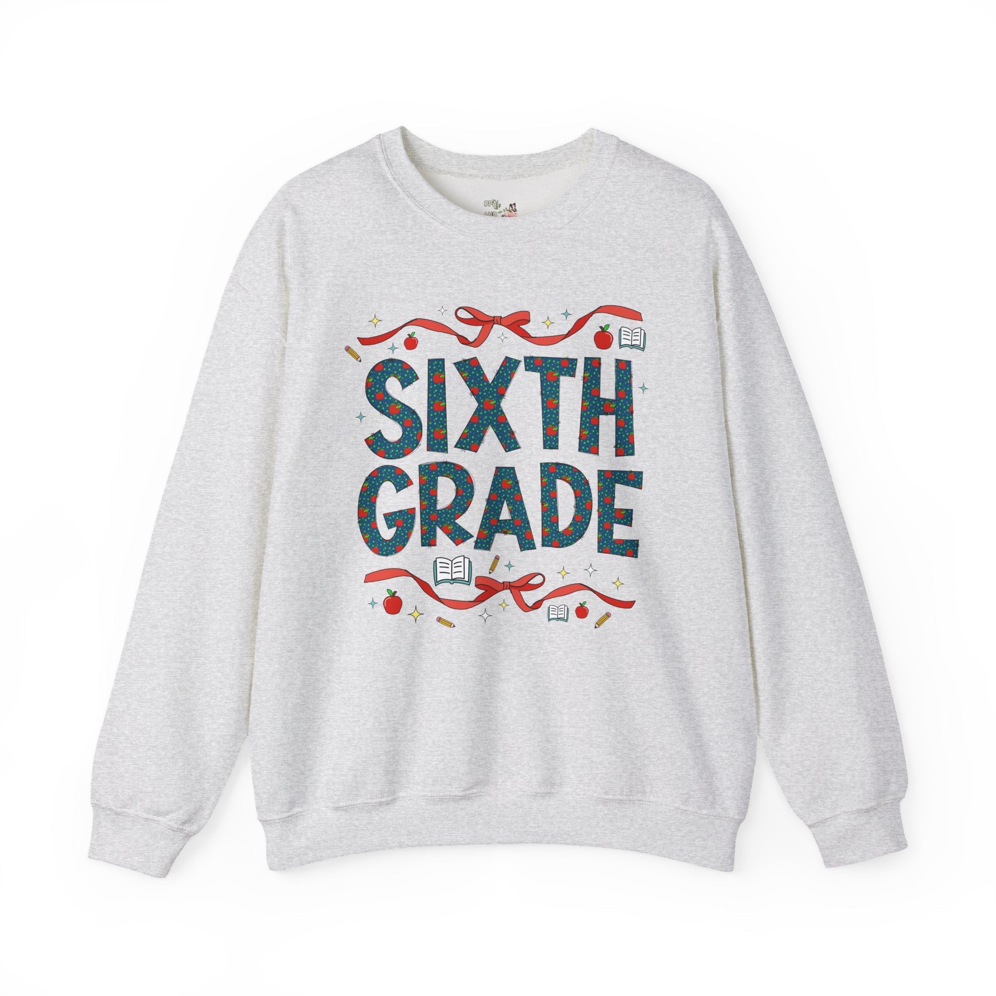 Sixth Grade Teacher Sweatshirt with Cute Bows and Retro Apples, Teacher Team Crewneck for Back to School, First Day of School Matching Tee - Opal and June