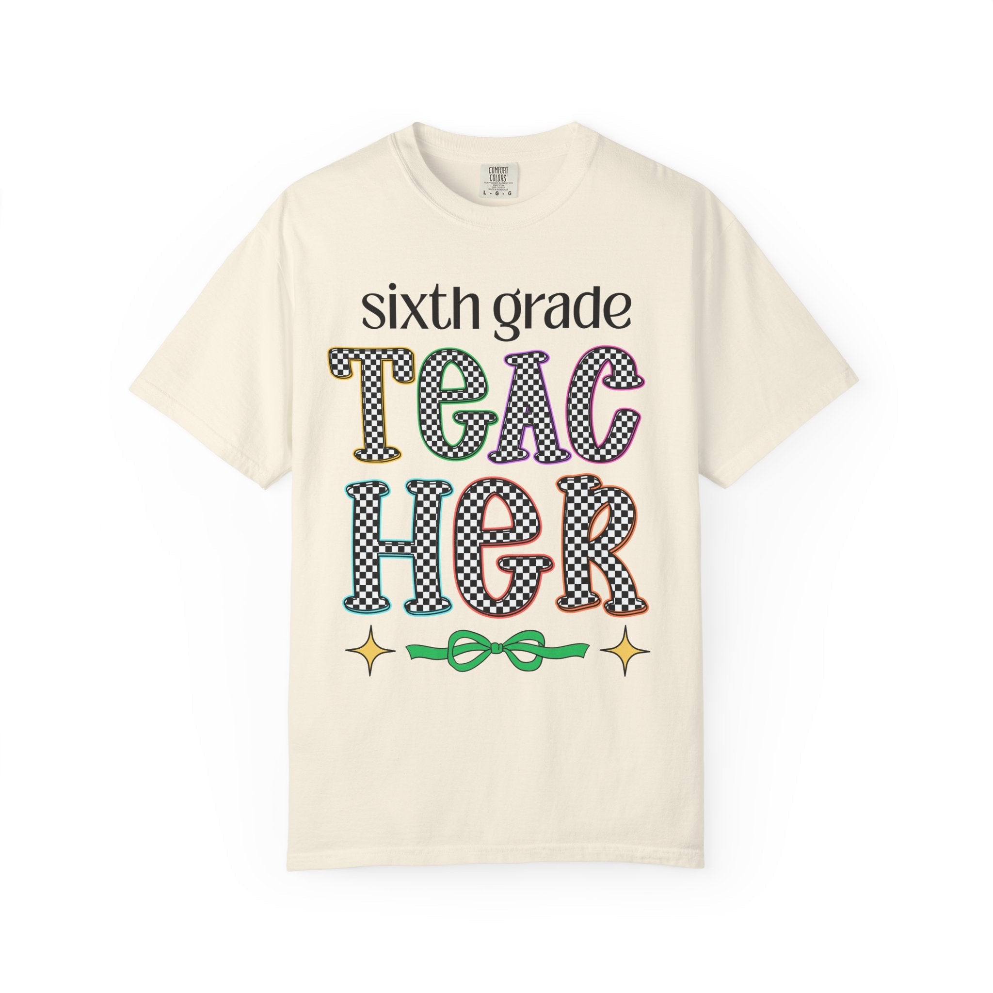 Sixth Grade Teacher Team Tee Shirt for Back to School, Cute First Day of School Teacher T-Shirt with Stars, Retro Aesthetic Tee with Bow - Opal and June