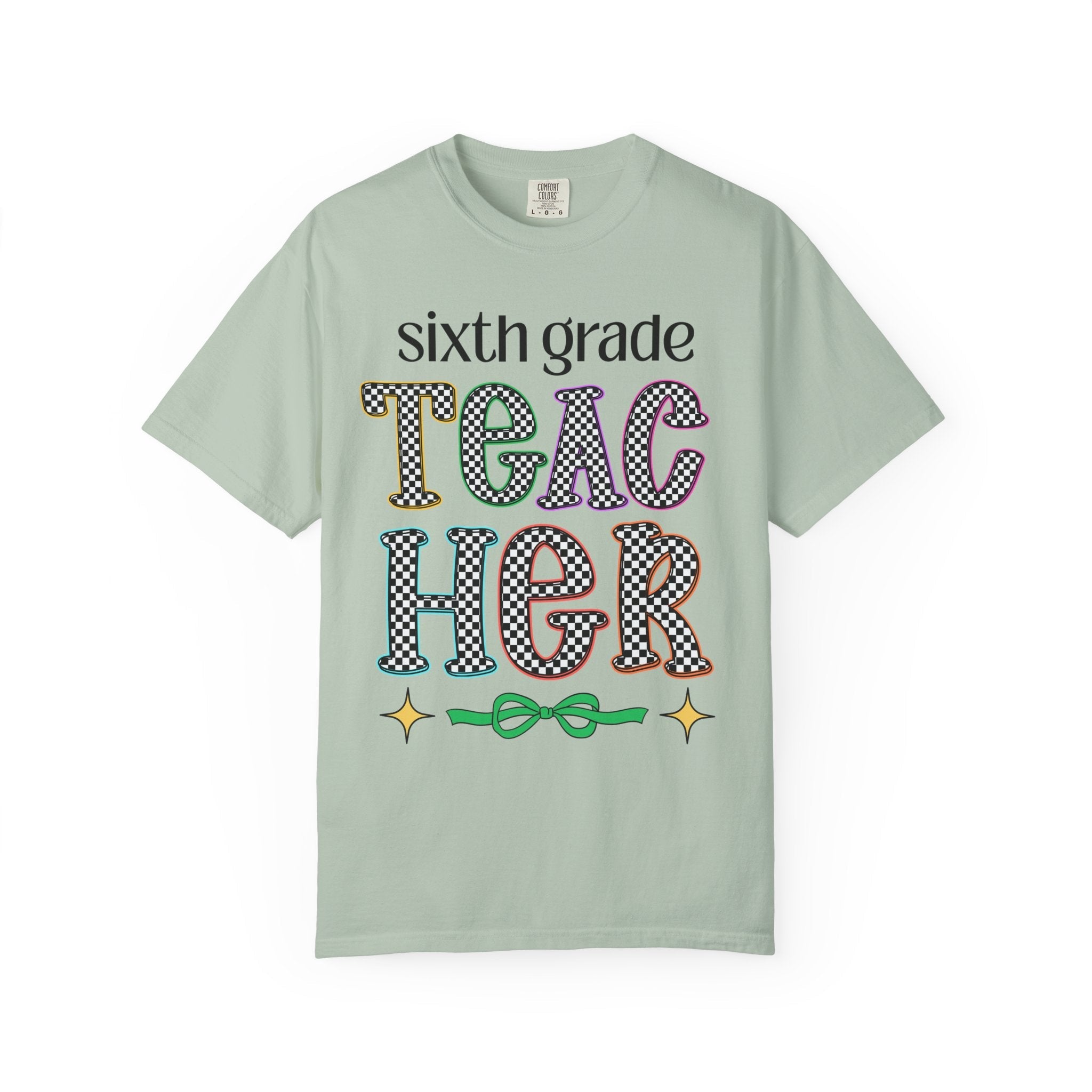 Sixth Grade Teacher Team Tee Shirt for Back to School, Cute First Day of School Teacher T-Shirt with Stars, Retro Aesthetic Tee with Bow - Opal and June