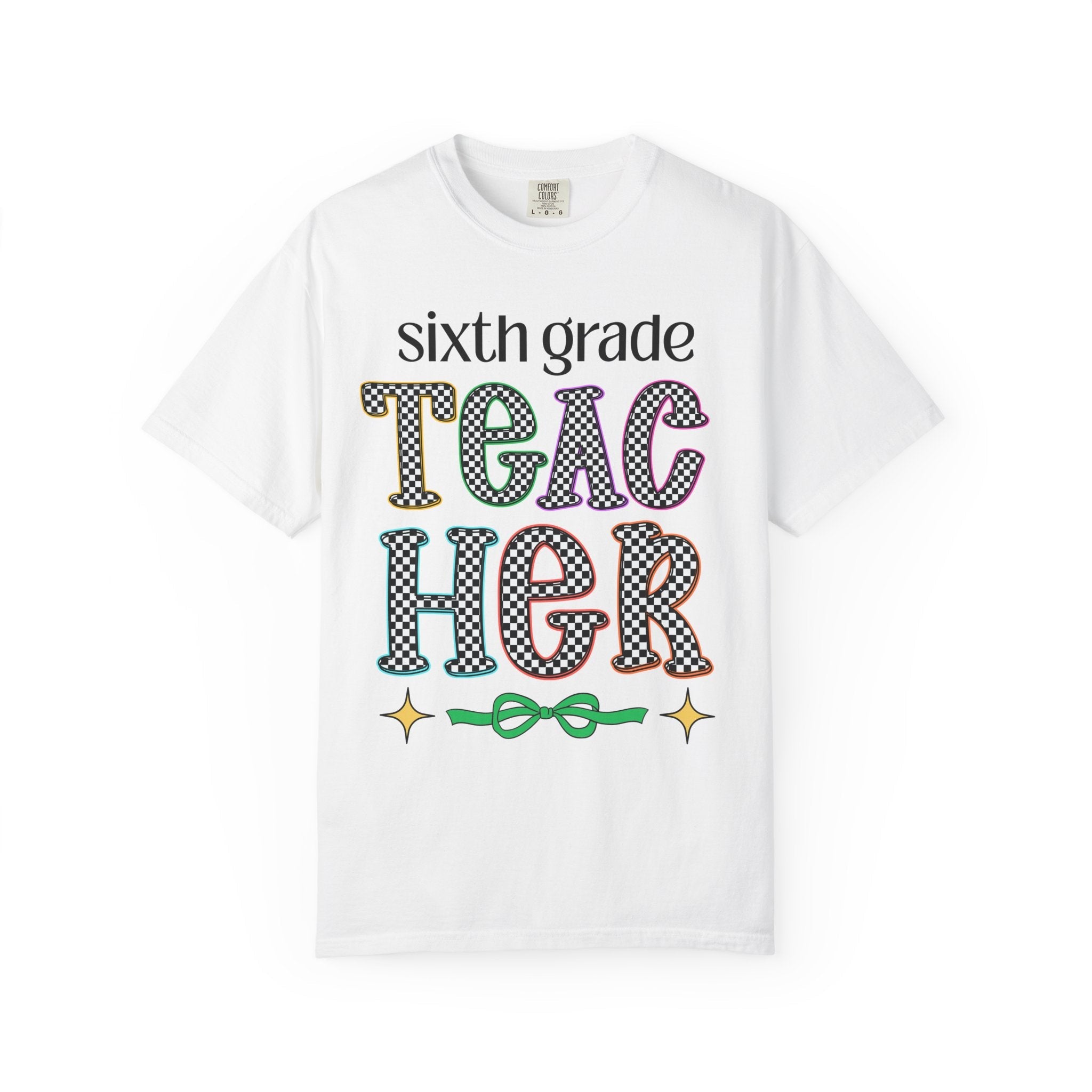 Sixth Grade Teacher Team Tee Shirt for Back to School, Cute First Day of School Teacher T-Shirt with Stars, Retro Aesthetic Tee with Bow - Opal and June