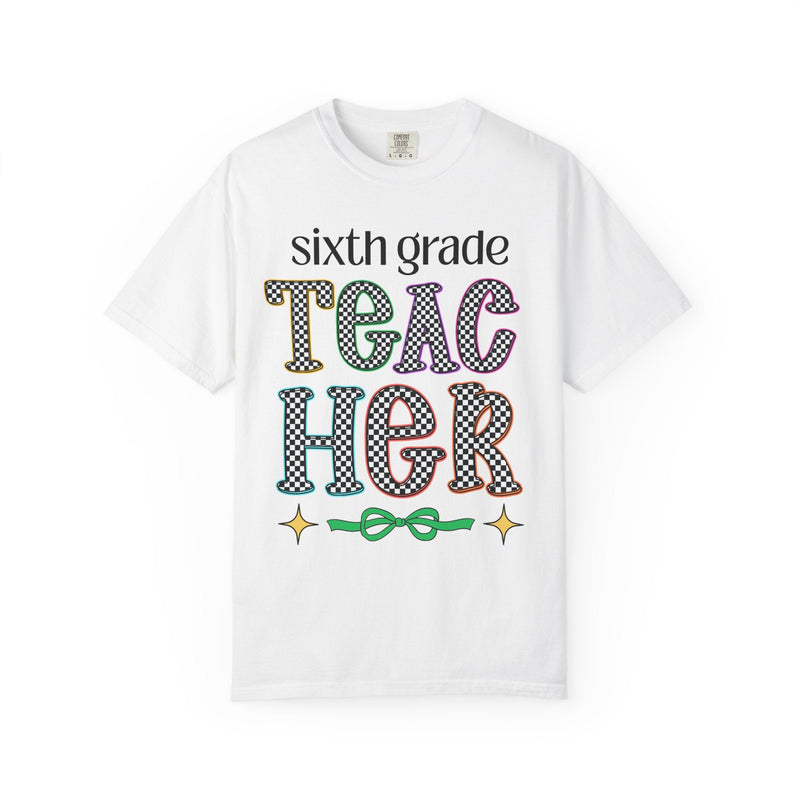 Sixth Grade Teacher Team Tee Shirt for Back to School, Cute First Day of School Teacher T-Shirt with Stars, Retro Aesthetic Tee with Bow - Opal and June