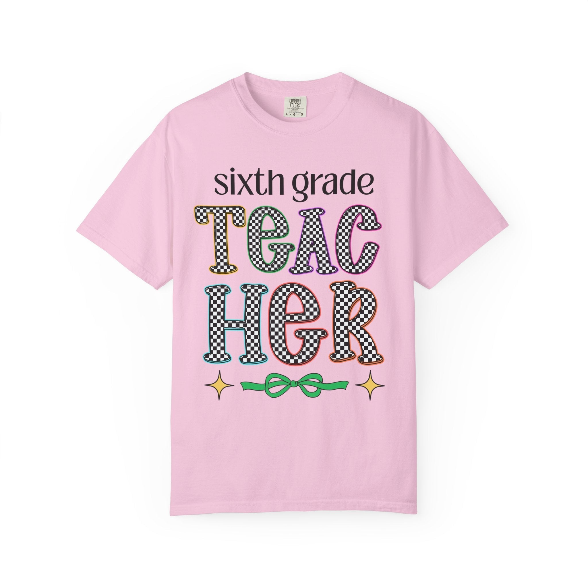 Sixth Grade Teacher Team Tee Shirt for Back to School, Cute First Day of School Teacher T-Shirt with Stars, Retro Aesthetic Tee with Bow - Opal and June
