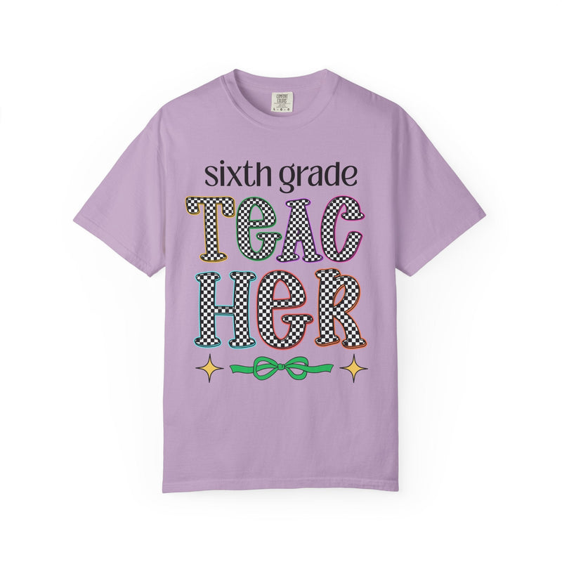 Sixth Grade Teacher Team Tee Shirt for Back to School, Cute First Day of School Teacher T-Shirt with Stars, Retro Aesthetic Tee with Bow - Opal and June