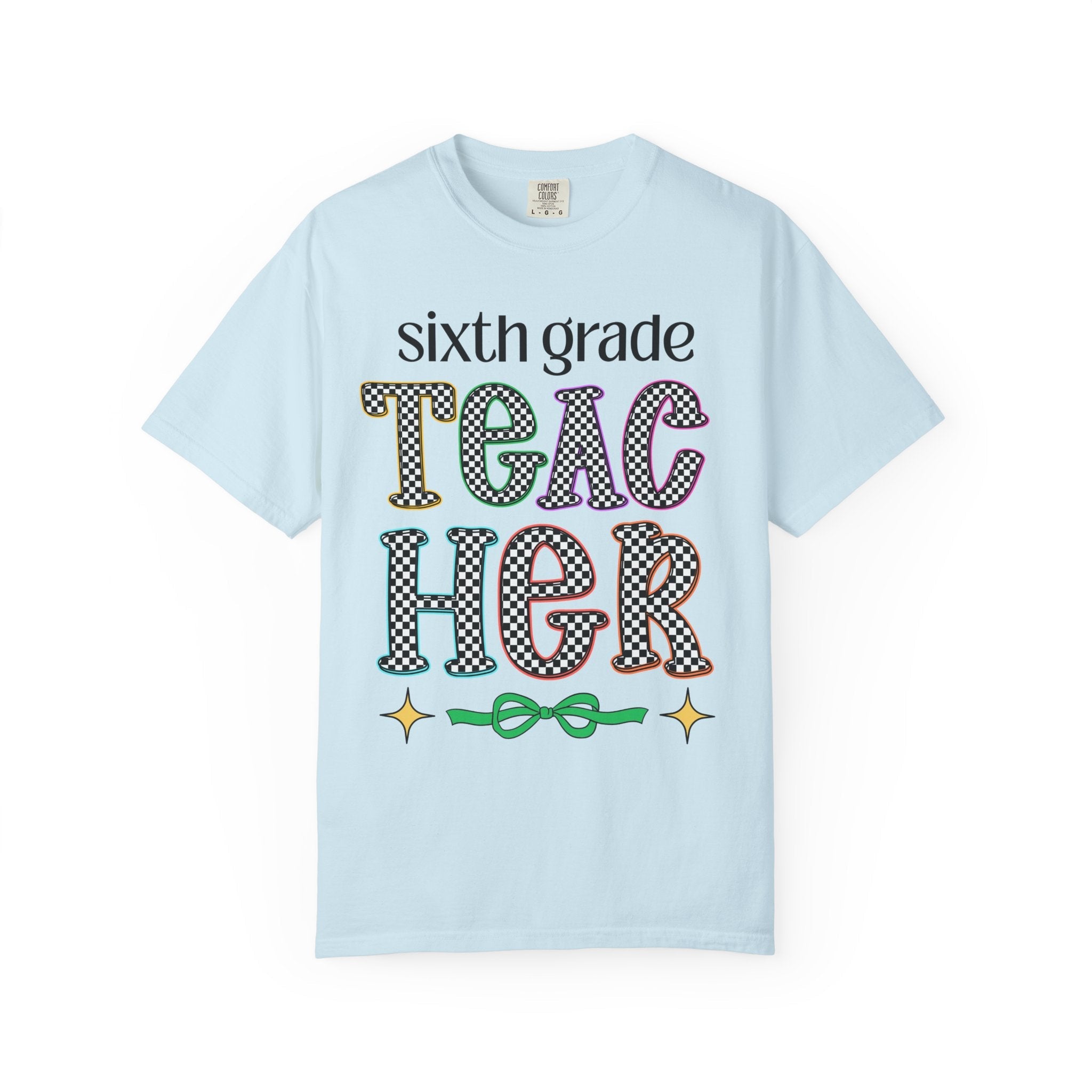 Sixth Grade Teacher Team Tee Shirt for Back to School, Cute First Day of School Teacher T-Shirt with Stars, Retro Aesthetic Tee with Bow - Opal and June