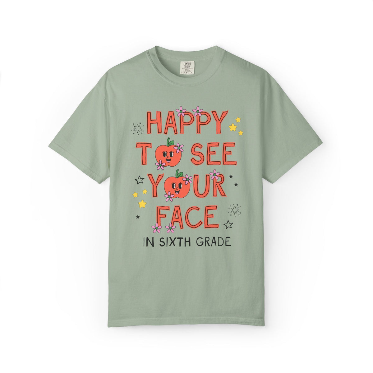 Sixth Grade Teacher Team Tee Shirt: Happy to See Your Face | Cute Back to School T-Shirt with Retro Apples and Flowers, First Day of School - Opal and June