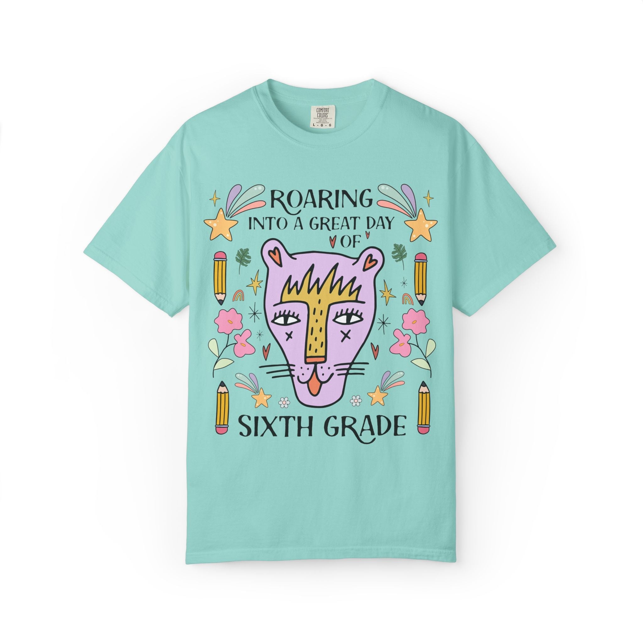Sixth Grade Teacher Tee Shirt: Roaring Into a Great Day of 6th Grade | Cute Eclectic Matching Teacher or Paraprofessional Tee, Animal Lover - Opal and June