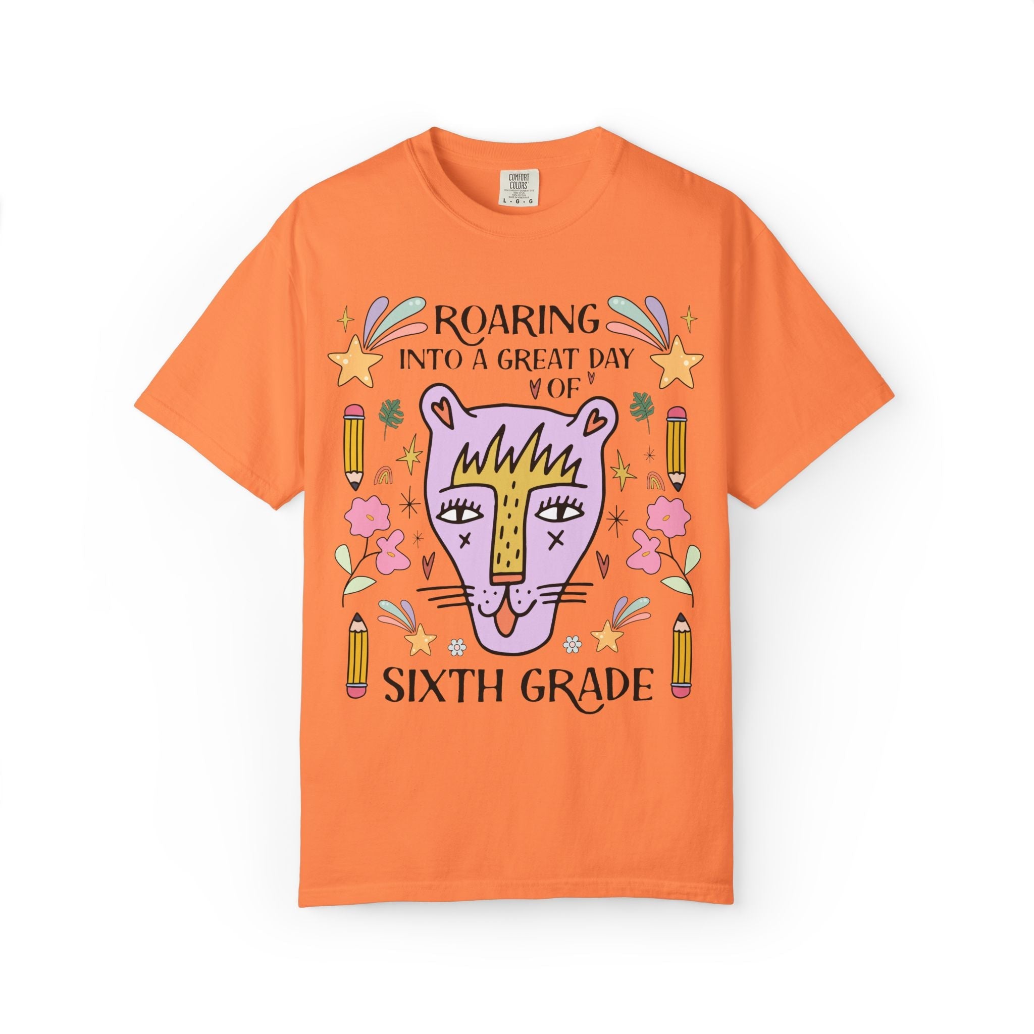 Sixth Grade Teacher Tee Shirt: Roaring Into a Great Day of 6th Grade | Cute Eclectic Matching Teacher or Paraprofessional Tee, Animal Lover - Opal and June