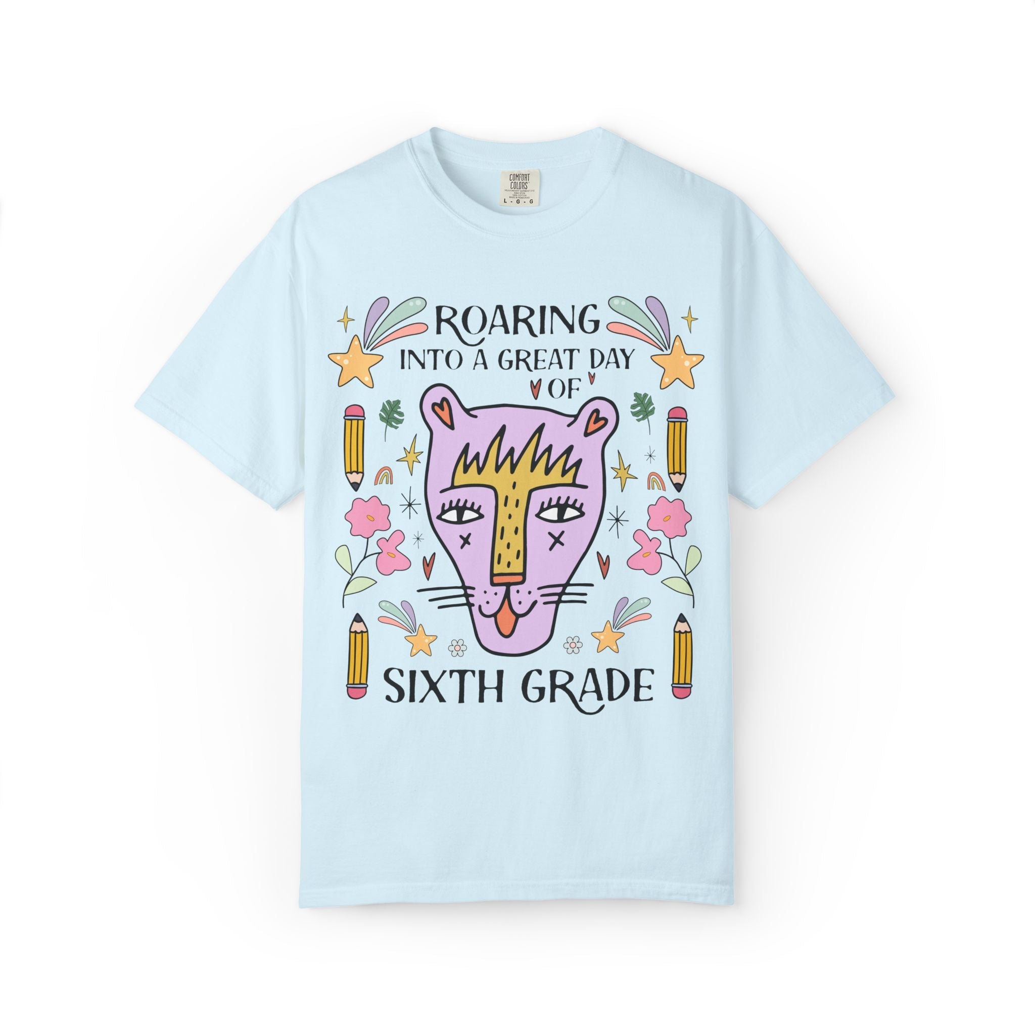 Sixth Grade Teacher Tee Shirt: Roaring Into a Great Day of 6th Grade | Cute Eclectic Matching Teacher or Paraprofessional Tee, Animal Lover - Opal and June