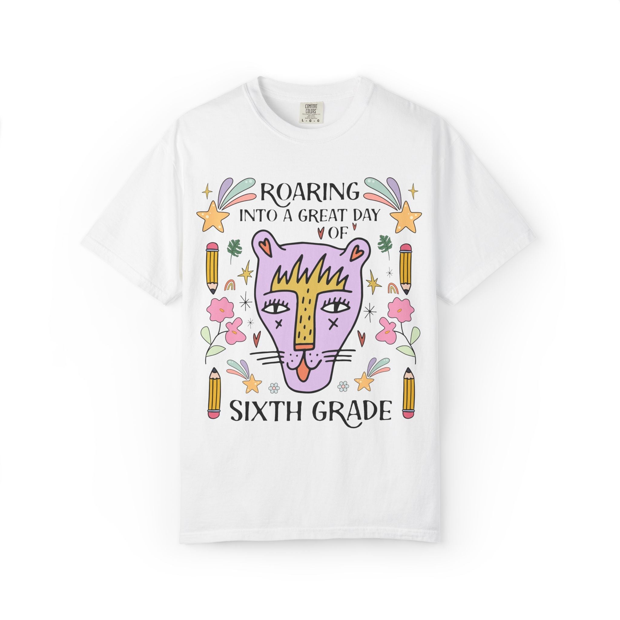 Sixth Grade Teacher Tee Shirt: Roaring Into a Great Day of 6th Grade | Cute Eclectic Matching Teacher or Paraprofessional Tee, Animal Lover - Opal and June