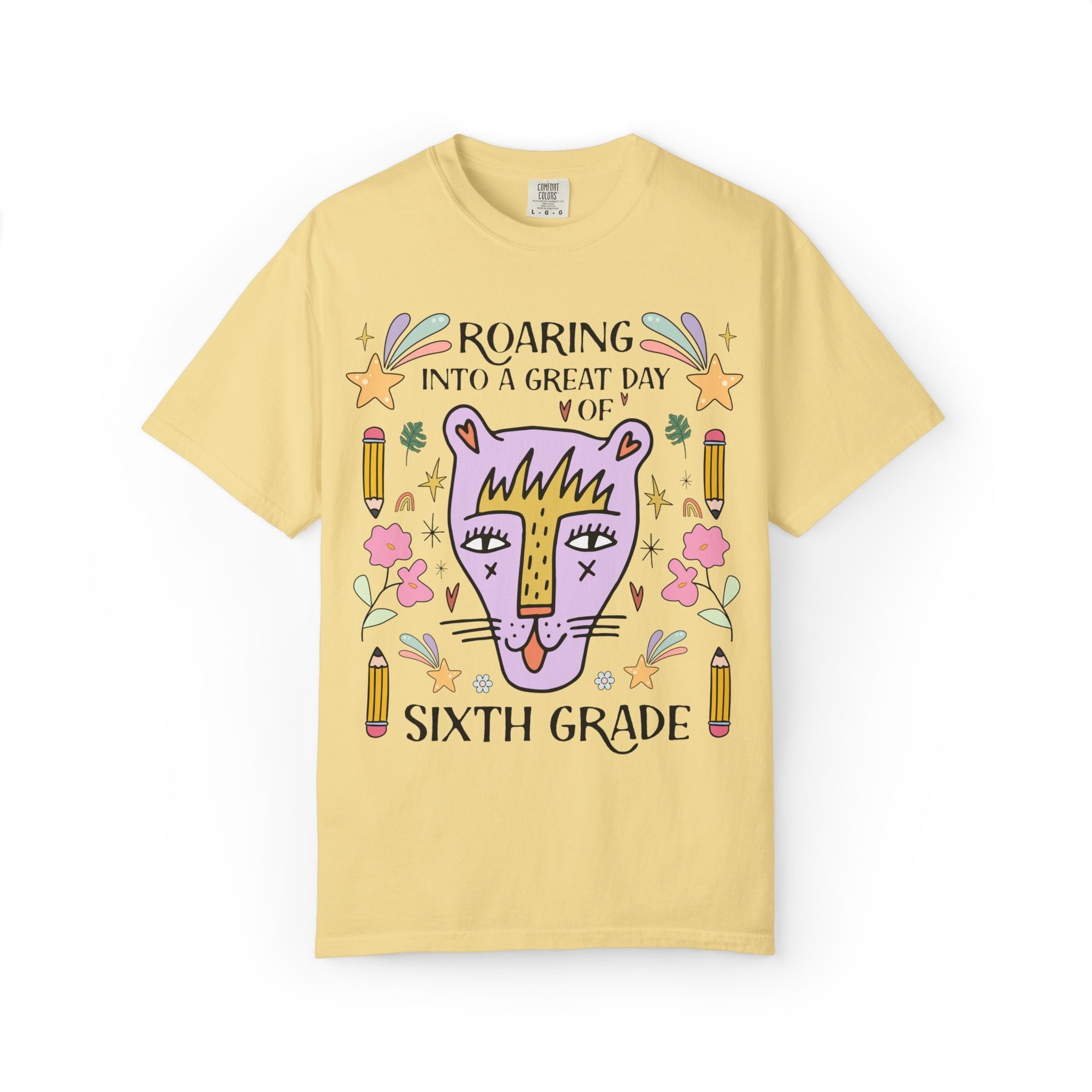 Sixth Grade Teacher Tee Shirt: Roaring Into a Great Day of 6th Grade | Cute Eclectic Matching Teacher or Paraprofessional Tee, Animal Lover - Opal and June