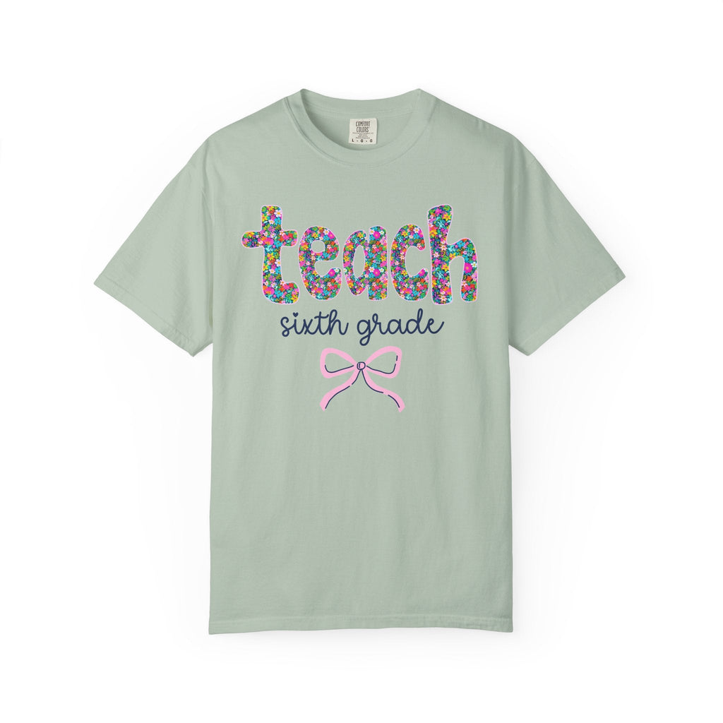 Sixth Grade Teacher Tee Shirt with Colorful Flowers and Bow, Teacher Team Tee for Back to School, New Teacher Gift, Teacher Appreciation - Opal and June