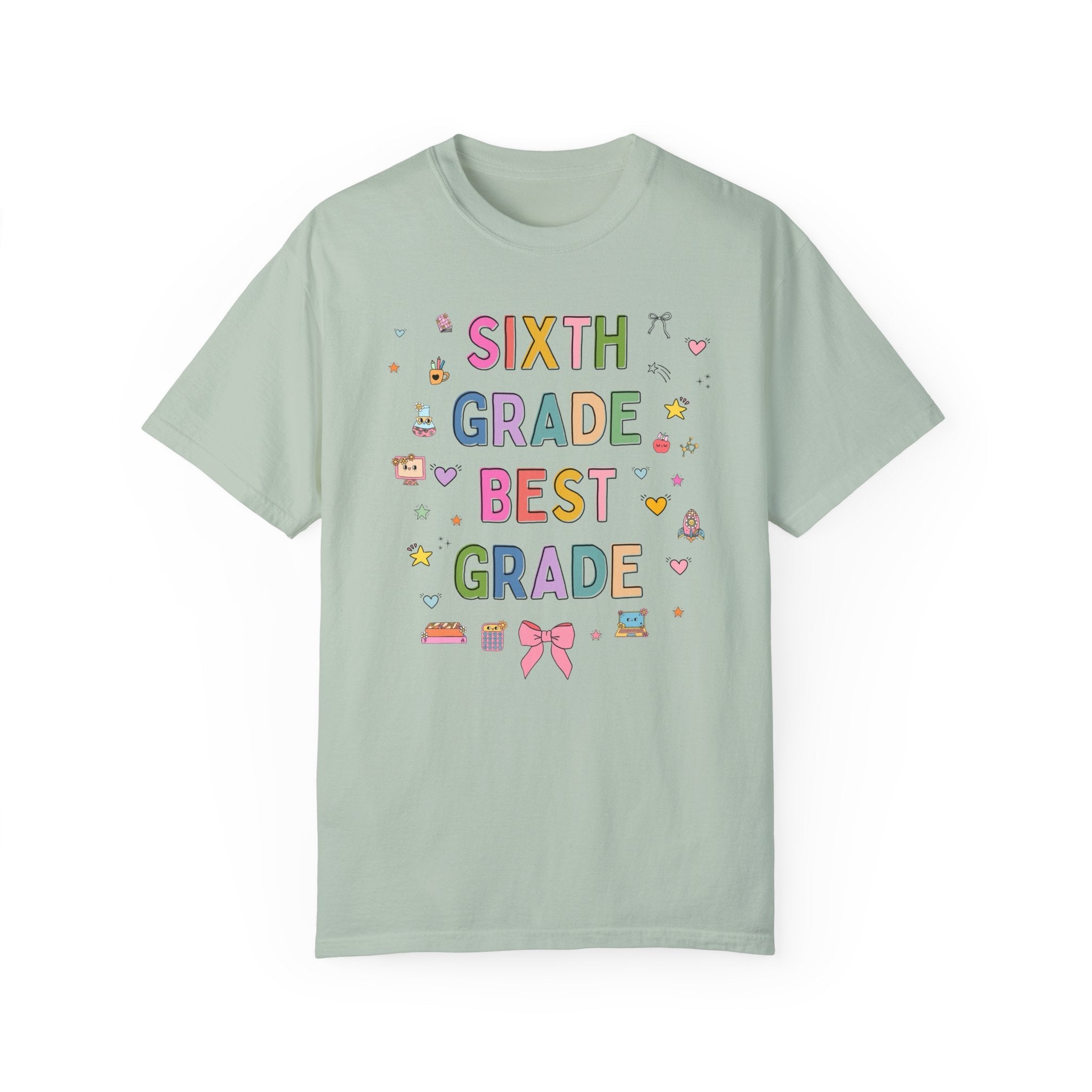 Sixth Grade Teacher Tee Shirt with Cute 90s Aesthetic Doodles, Colorful Matching Teacher T-Shirt for Sixth Grade Crew, New Teacher Present - Opal and June