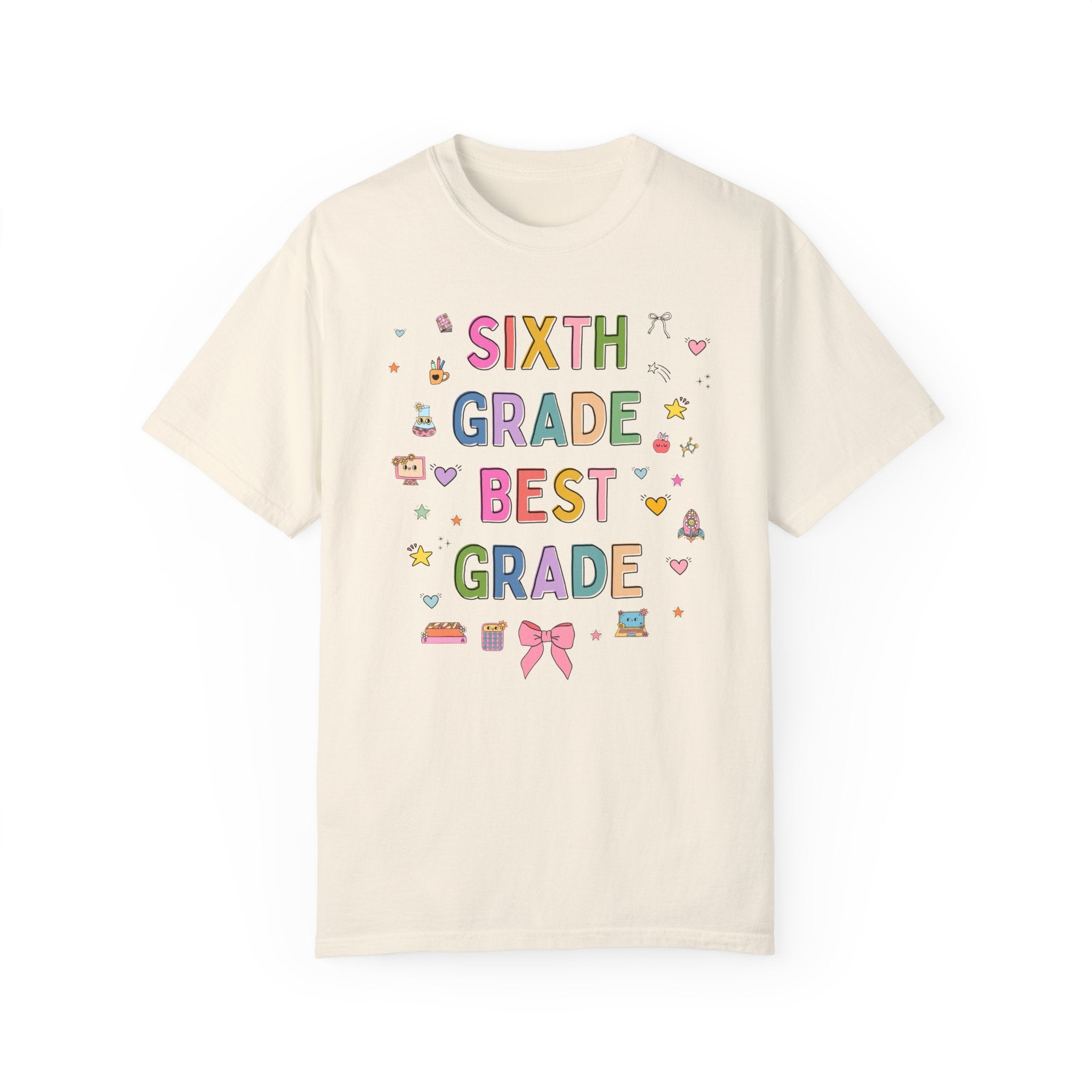 Sixth Grade Teacher Tee Shirt with Cute 90s Aesthetic Doodles, Colorful Matching Teacher T-Shirt for Sixth Grade Crew, New Teacher Present - Opal and June