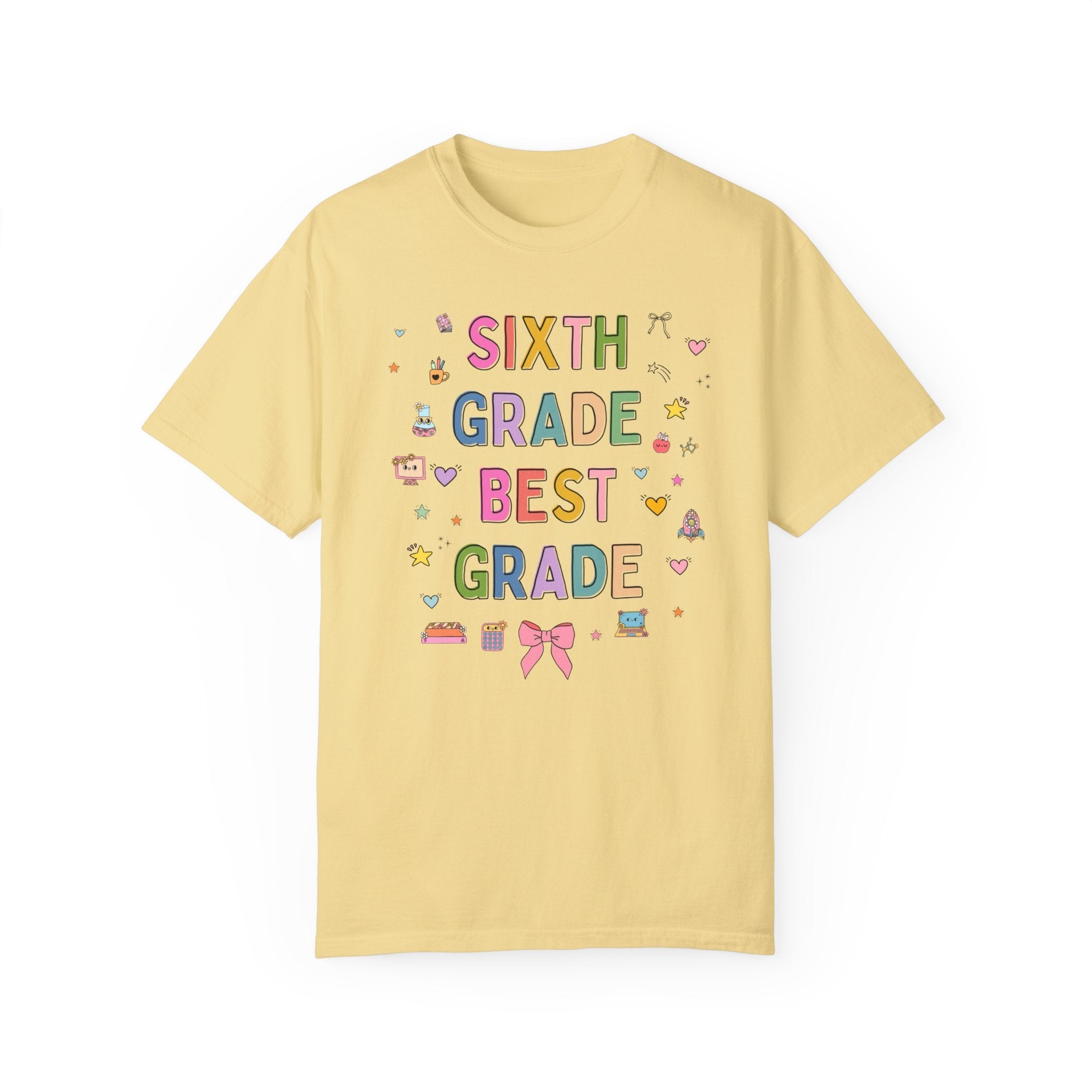 Sixth Grade Teacher Tee Shirt with Cute 90s Aesthetic Doodles, Colorful Matching Teacher T-Shirt for Sixth Grade Crew, New Teacher Present - Opal and June