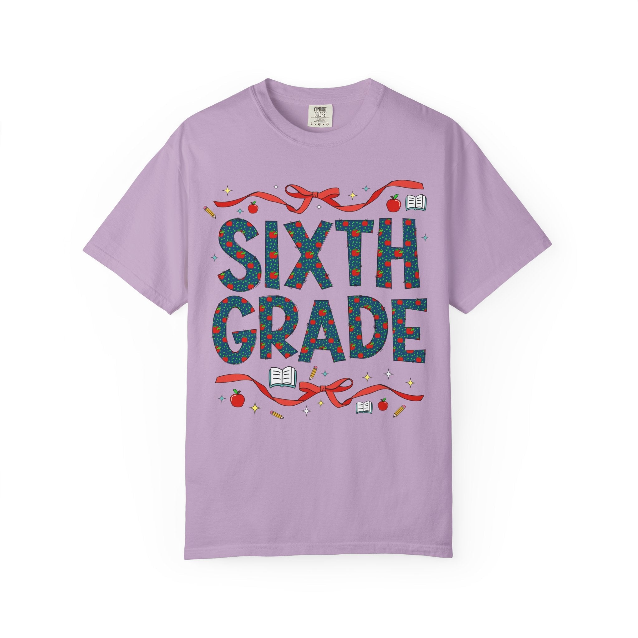 Sixth Grade Teacher Tee Shirt with Cute Bows and Retro Apples, Teacher Team T-Shirt for Back to School, First Day of School Matching Tee - Opal and June