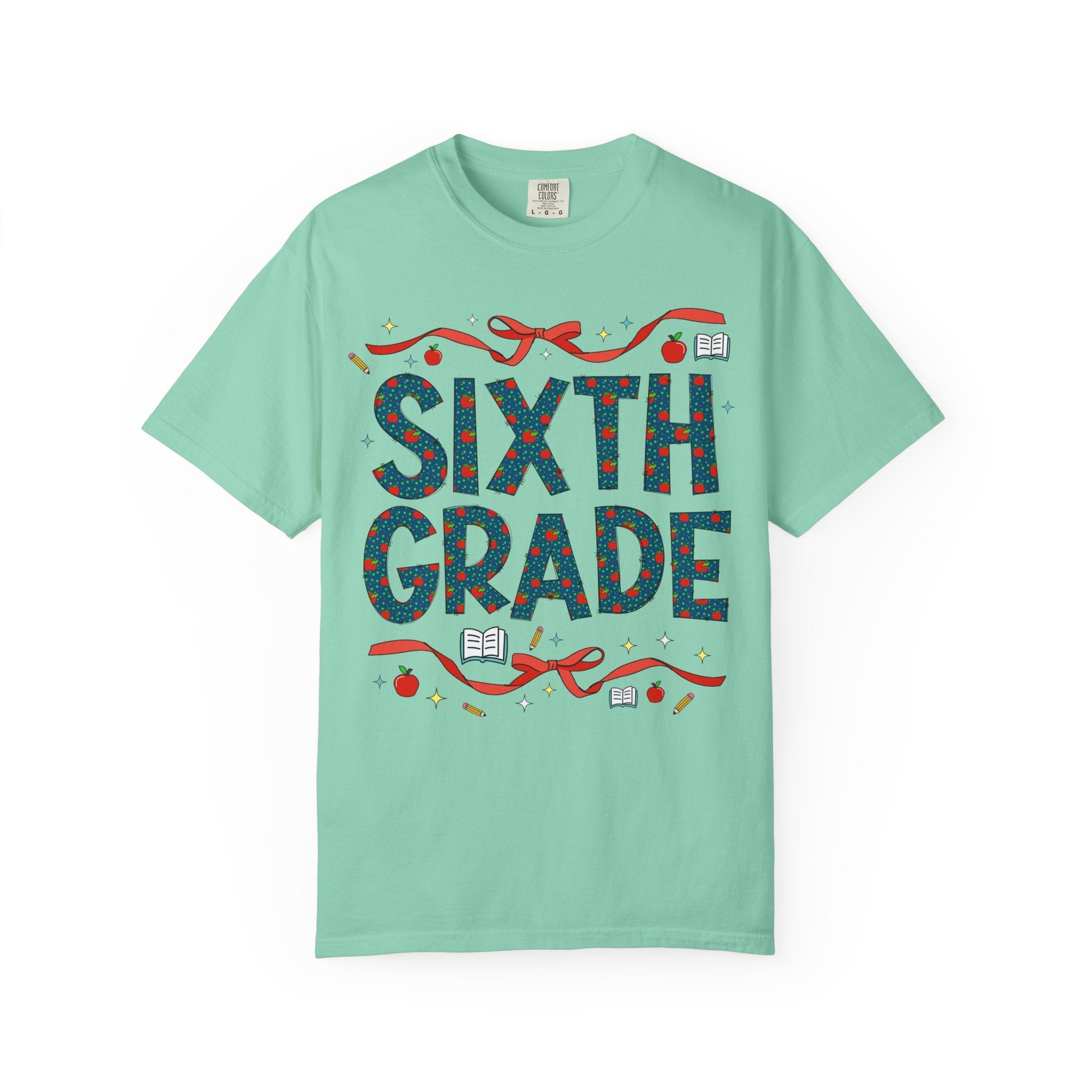 Sixth Grade Teacher Tee Shirt with Cute Bows and Retro Apples, Teacher Team T-Shirt for Back to School, First Day of School Matching Tee - Opal and June