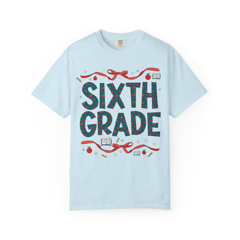 Sixth Grade Teacher Tee Shirt with Cute Bows and Retro Apples, Teacher Team T-Shirt for Back to School, First Day of School Matching Tee - Opal and June