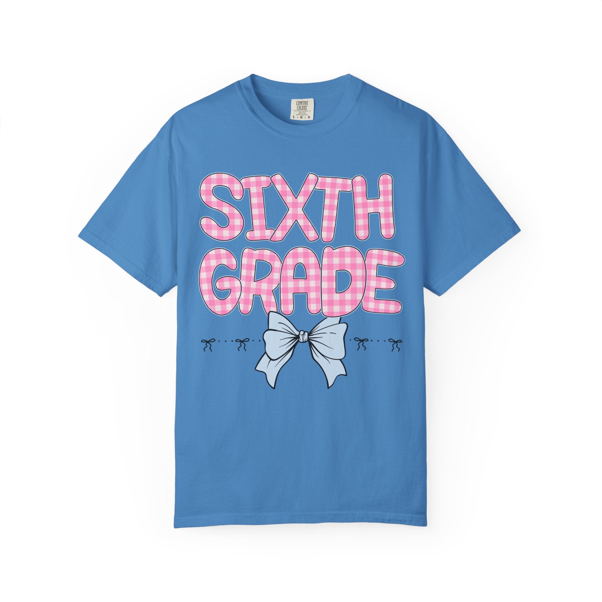 Sixth Grade Teacher Tee Shirt with Pink Gingham Letters, First Day of School, Back to School Matching Teacher Tee with Bow, Soft Girl Style - Opal and June