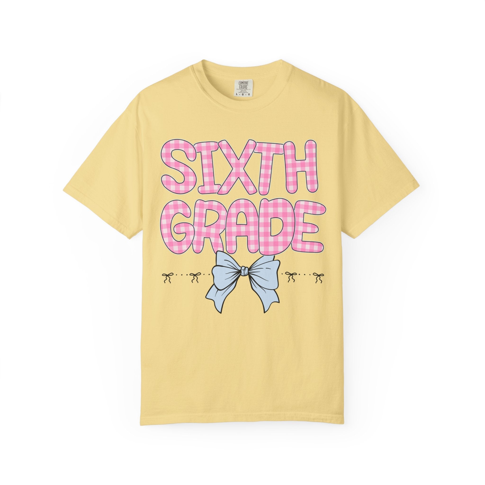Sixth Grade Teacher Tee Shirt with Pink Gingham Letters, First Day of School, Back to School Matching Teacher Tee with Bow, Soft Girl Style - Opal and June