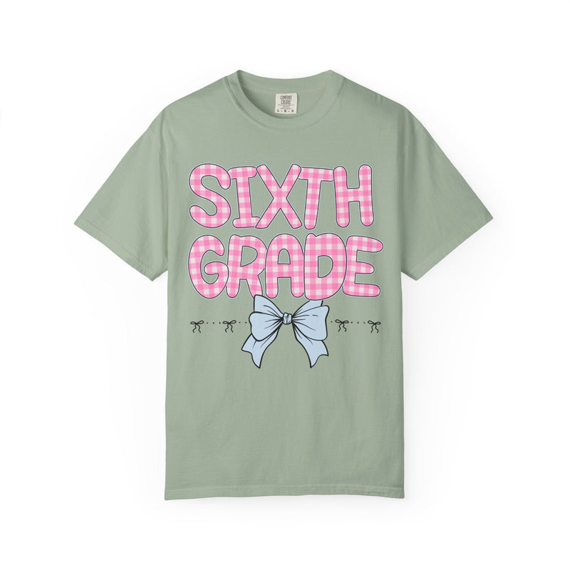 Sixth Grade Teacher Tee Shirt with Pink Gingham Letters, First Day of School, Back to School Matching Teacher Tee with Bow, Soft Girl Style - Opal and June