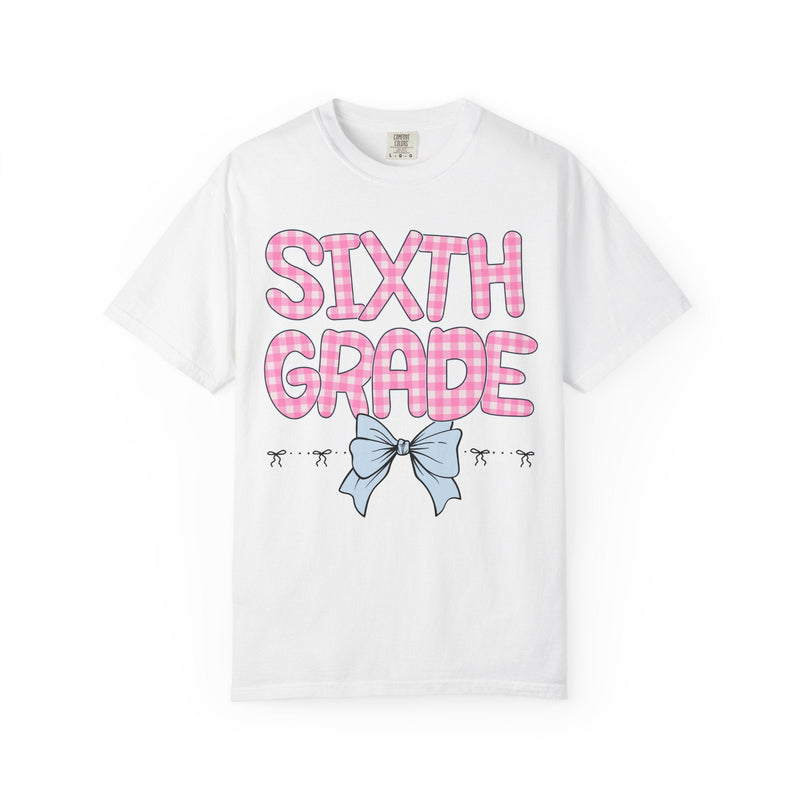 Sixth Grade Teacher Tee Shirt with Pink Gingham Letters, First Day of School, Back to School Matching Teacher Tee with Bow, Soft Girl Style - Opal and June