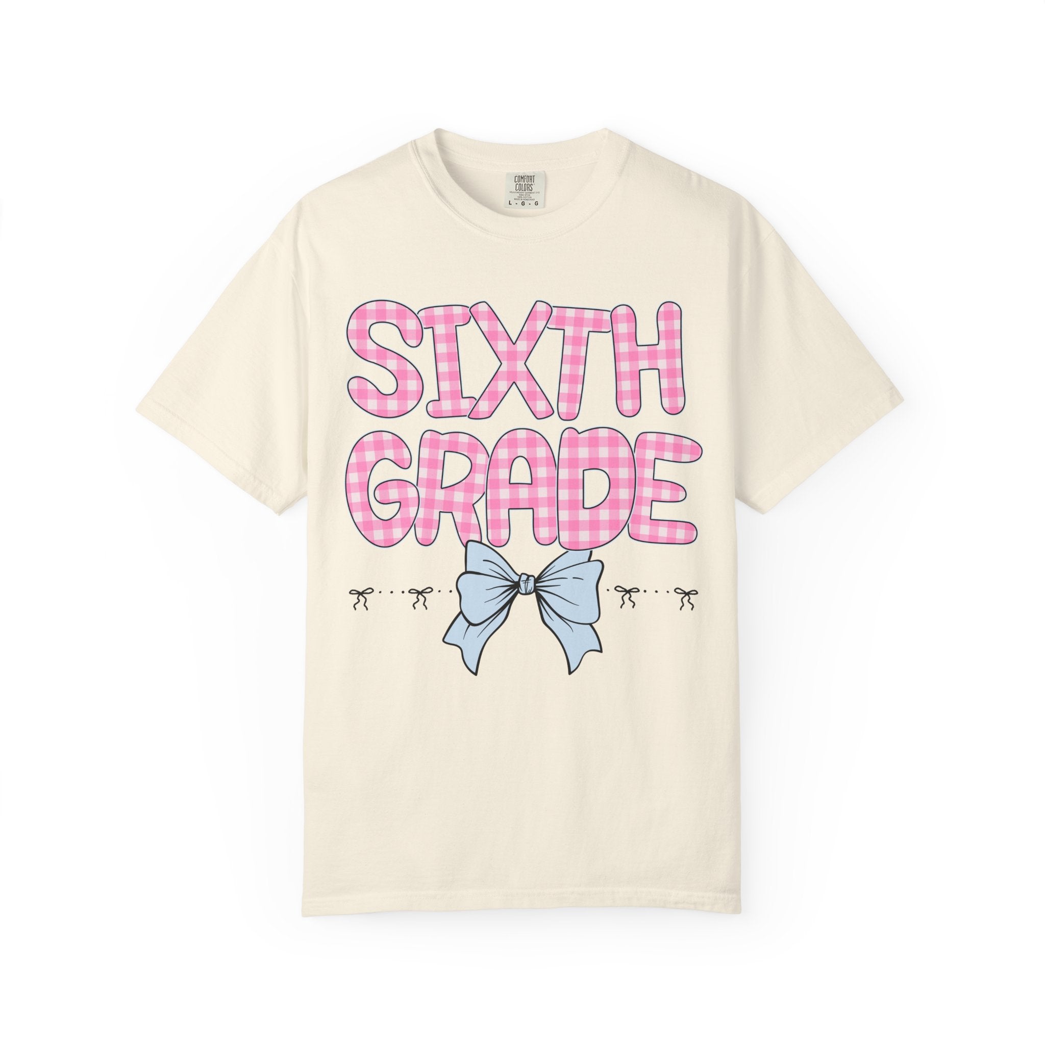 Sixth Grade Teacher Tee Shirt with Pink Gingham Letters, First Day of School, Back to School Matching Teacher Tee with Bow, Soft Girl Style - Opal and June