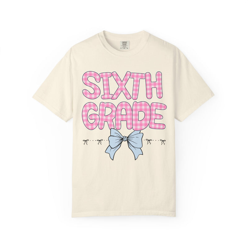 Sixth Grade Teacher Tee Shirt with Pink Gingham Letters, First Day of School, Back to School Matching Teacher Tee with Bow, Soft Girl Style - Opal and June