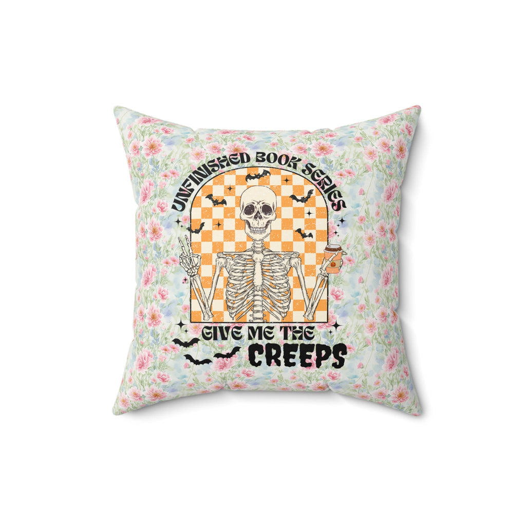 Skeleton Halloween Whimsigoth Pillow: Unfinished Book Series Give Me The Creeps - Opal and June