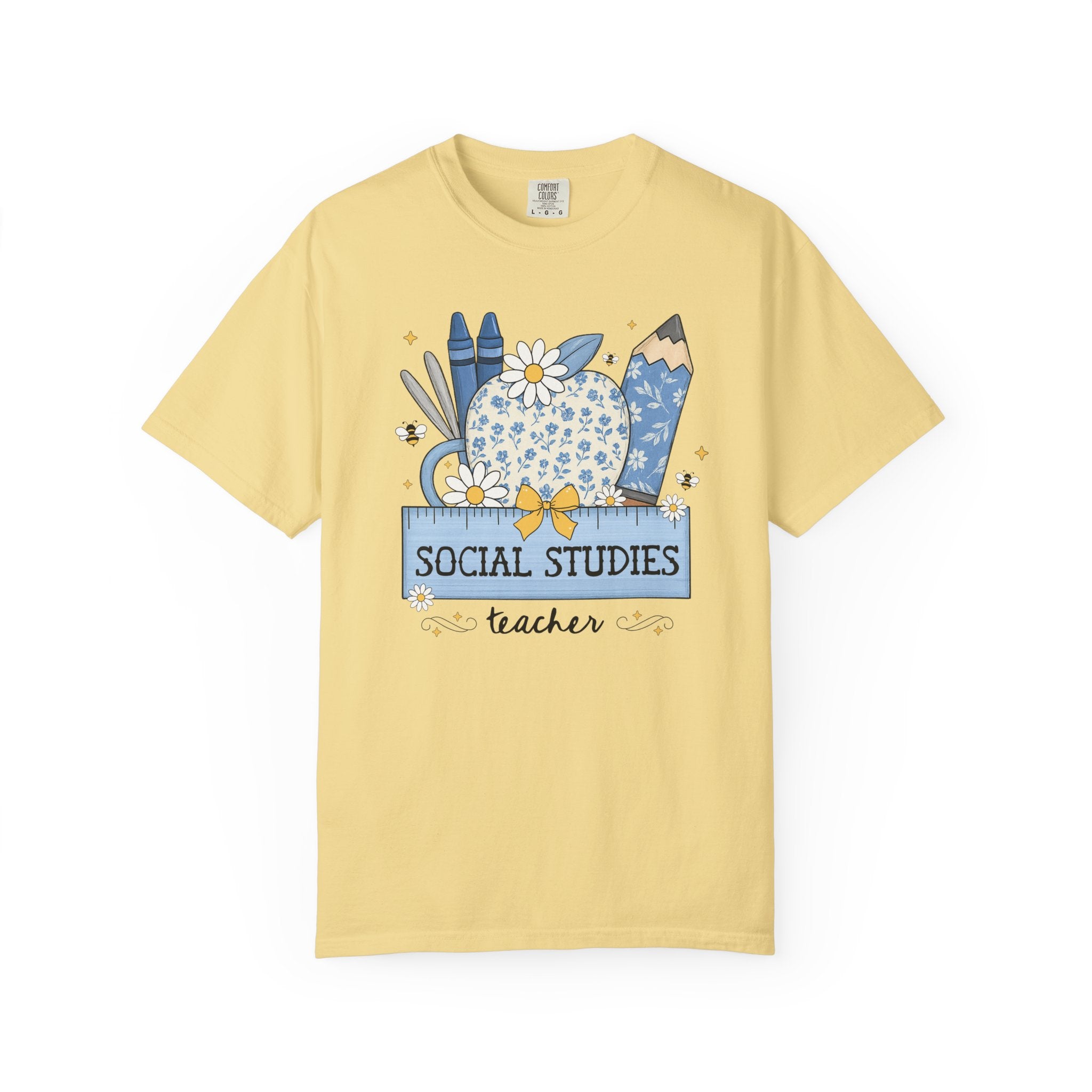 Social Studies Teacher Flower Tee Shirt with Floral Apple, Cute Cottagecore T-Shirt with Bees, Matching Social Studies Back to School Tee - Opal and June