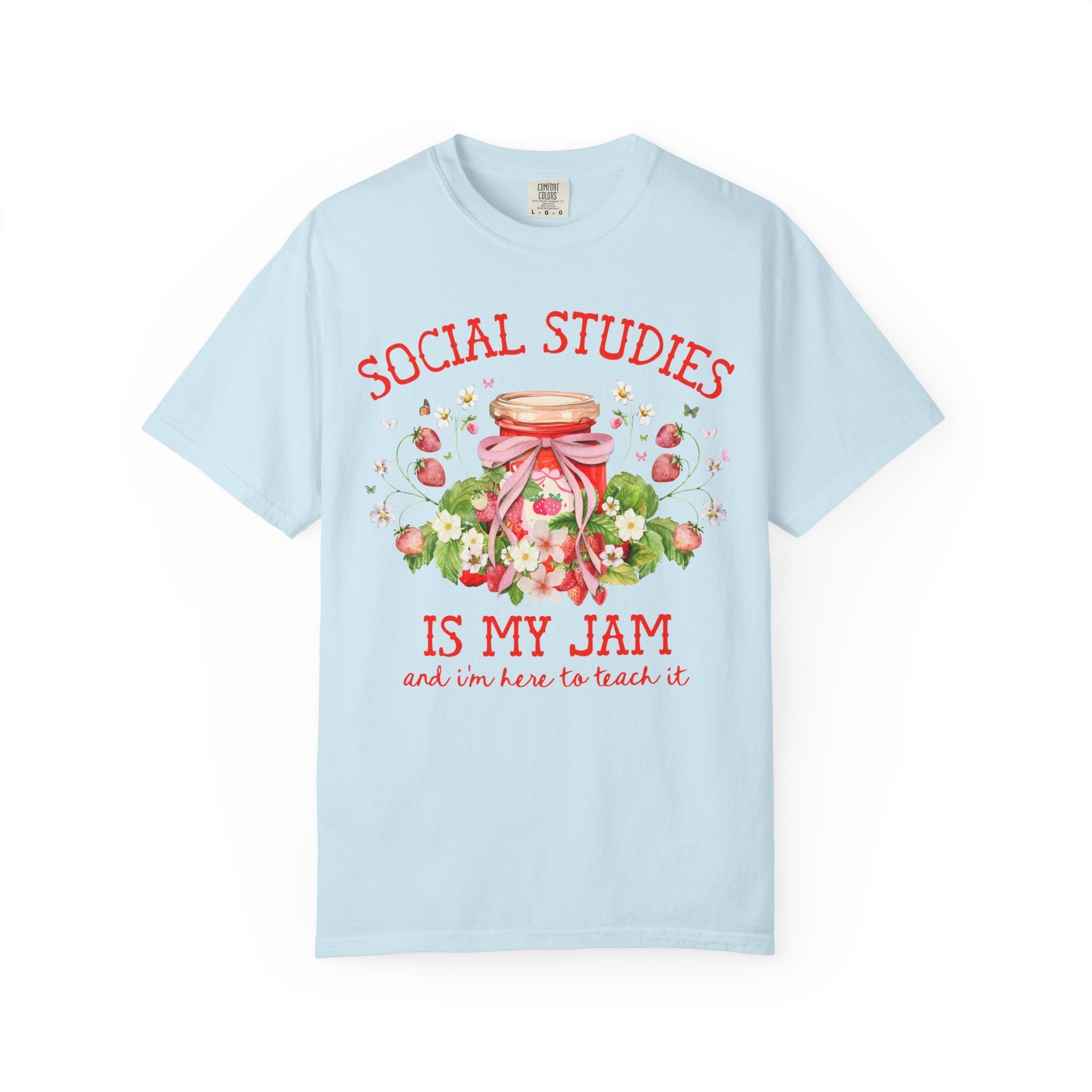 Social Studies Teacher Tee Shirt with Boho Strawberries, Cute Matching History Department Shirt with Flowers, Back to School Social Studies - Opal and June