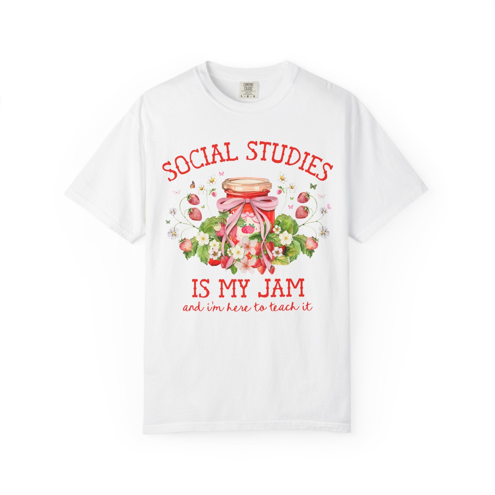 Social Studies Teacher Tee Shirt with Boho Strawberries, Cute Matching History Department Shirt with Flowers, Back to School Social Studies - Opal and June