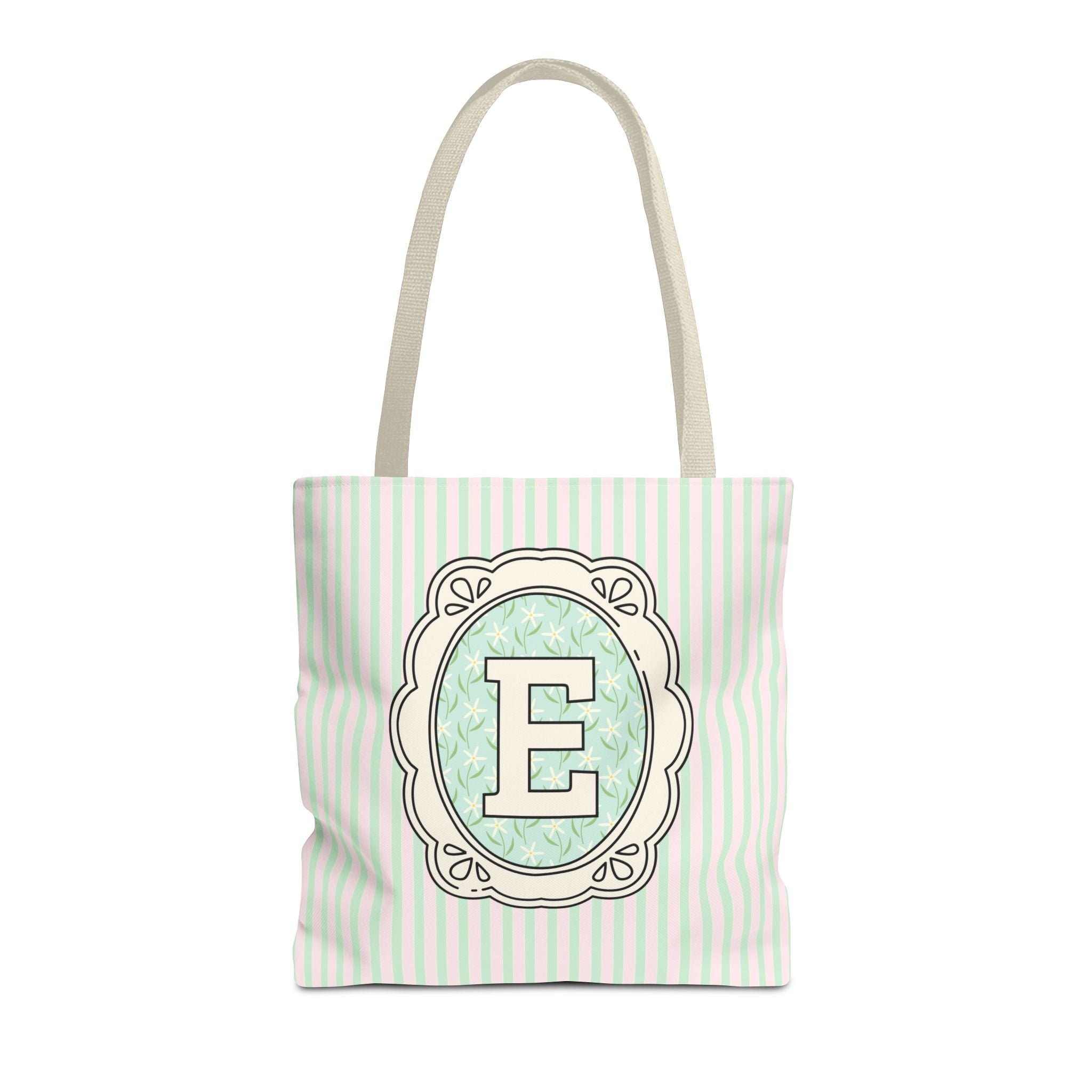 Soft Cottagecore Aesthetic Tote Bag with Flowers and Stripes, Cute Matching Bachelorette Gift for Sisters, Tote with Initial or Letter: E - Opal and June