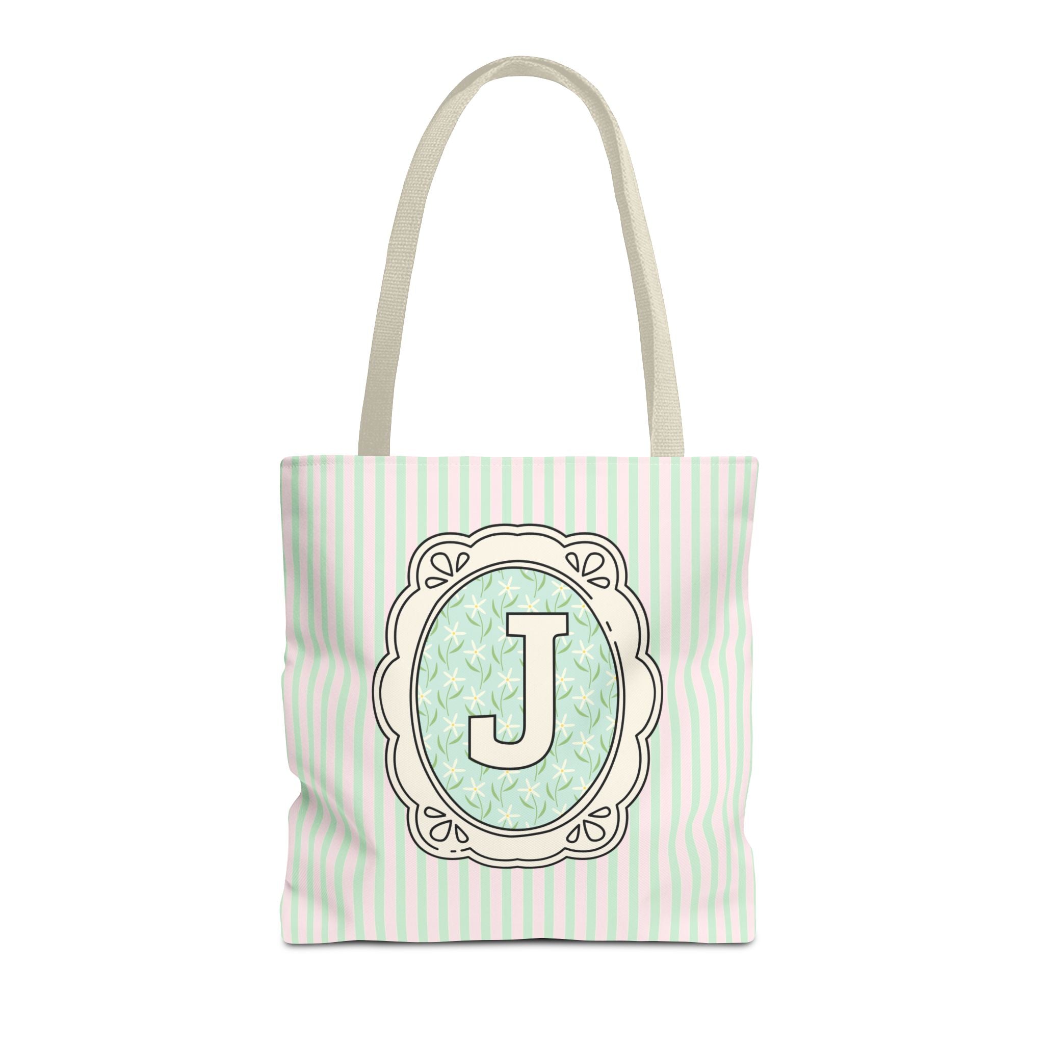 Soft Cottagecore Aesthetic Tote Bag with Flowers and Stripes, Cute Matching Bachelorette Gift for Sisters, Tote with Initial or Letter: J - Opal and June