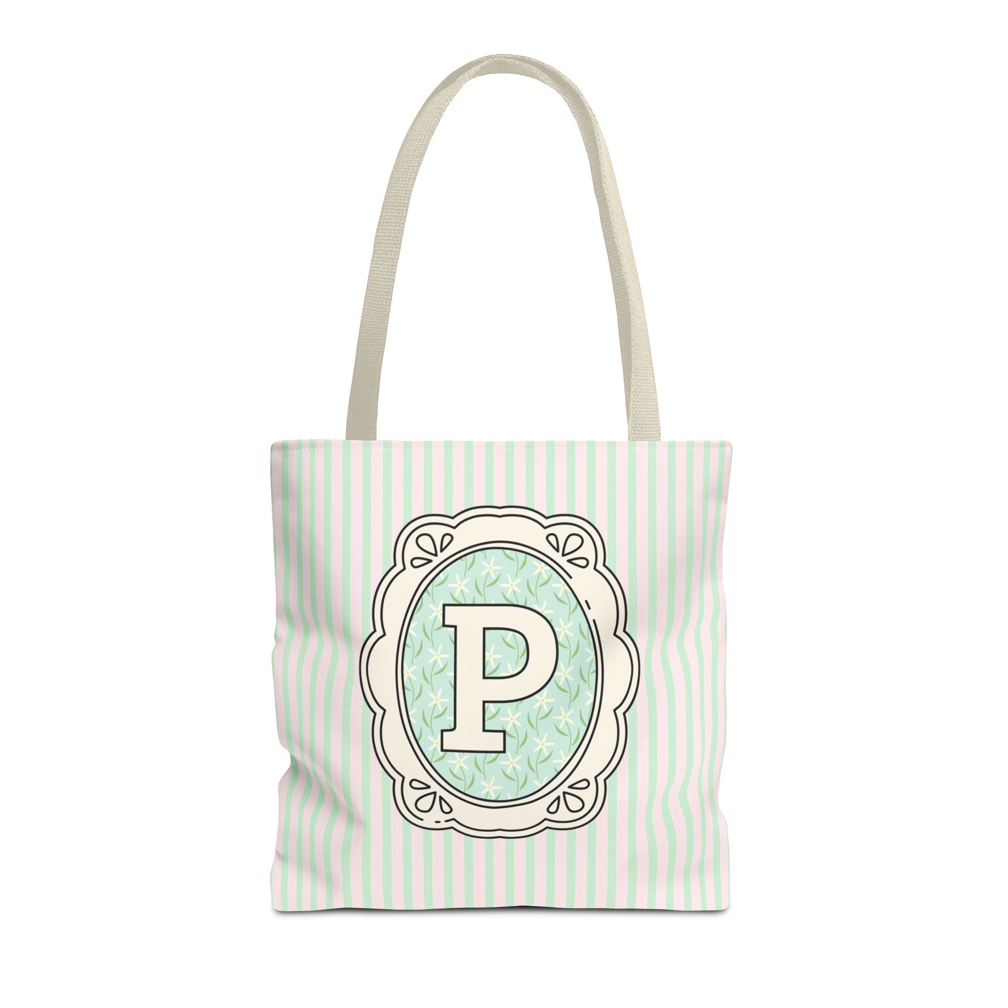Soft Cottagecore Aesthetic Tote Bag with Flowers and Stripes, Cute Matching Bachelorette Gift for Sisters, Tote with Initial or Letter: P - Opal and June