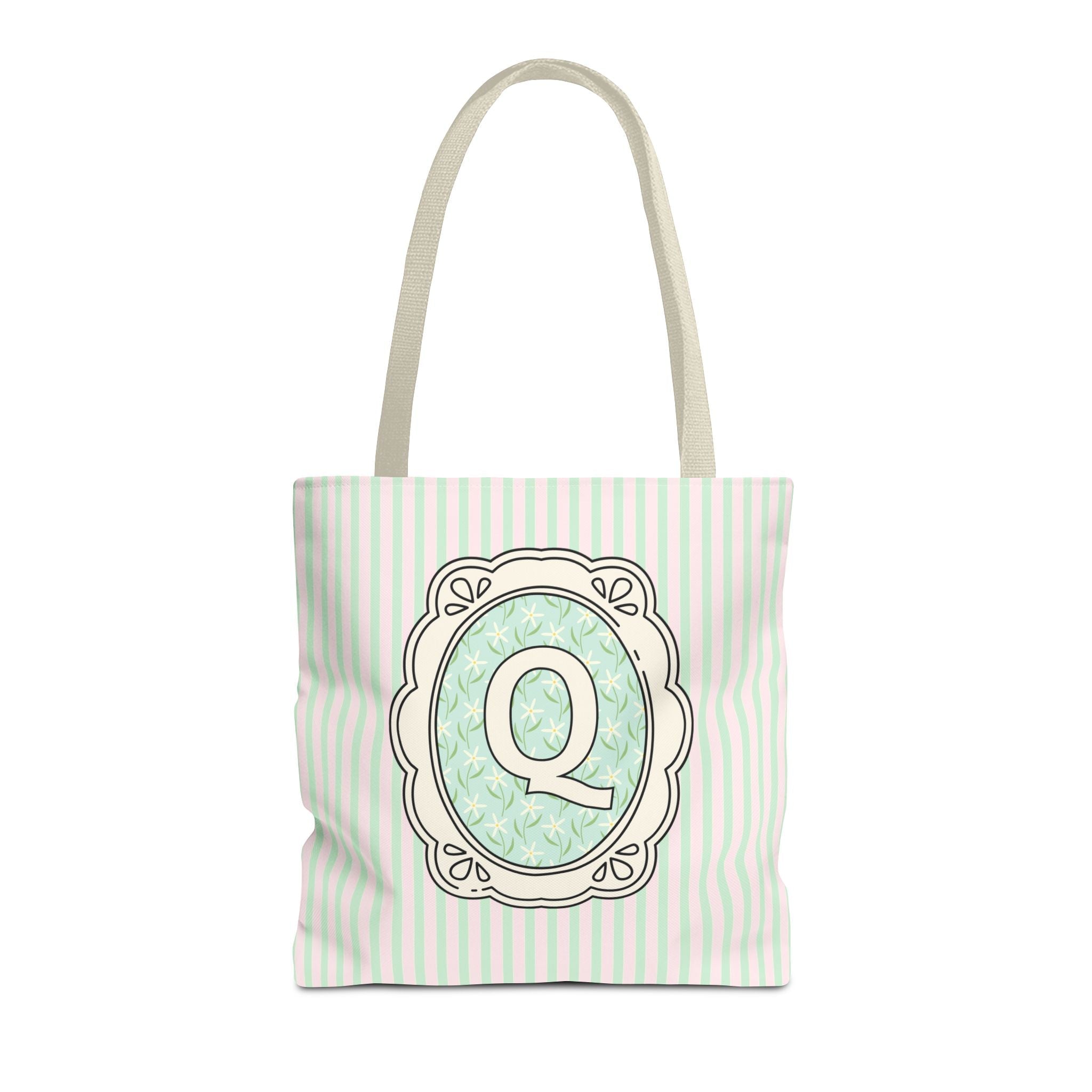 Soft Cottagecore Aesthetic Tote Bag with Flowers and Stripes, Cute Matching Bachelorette Gift for Sisters, Tote with Initial or Letter: Q - Opal and June