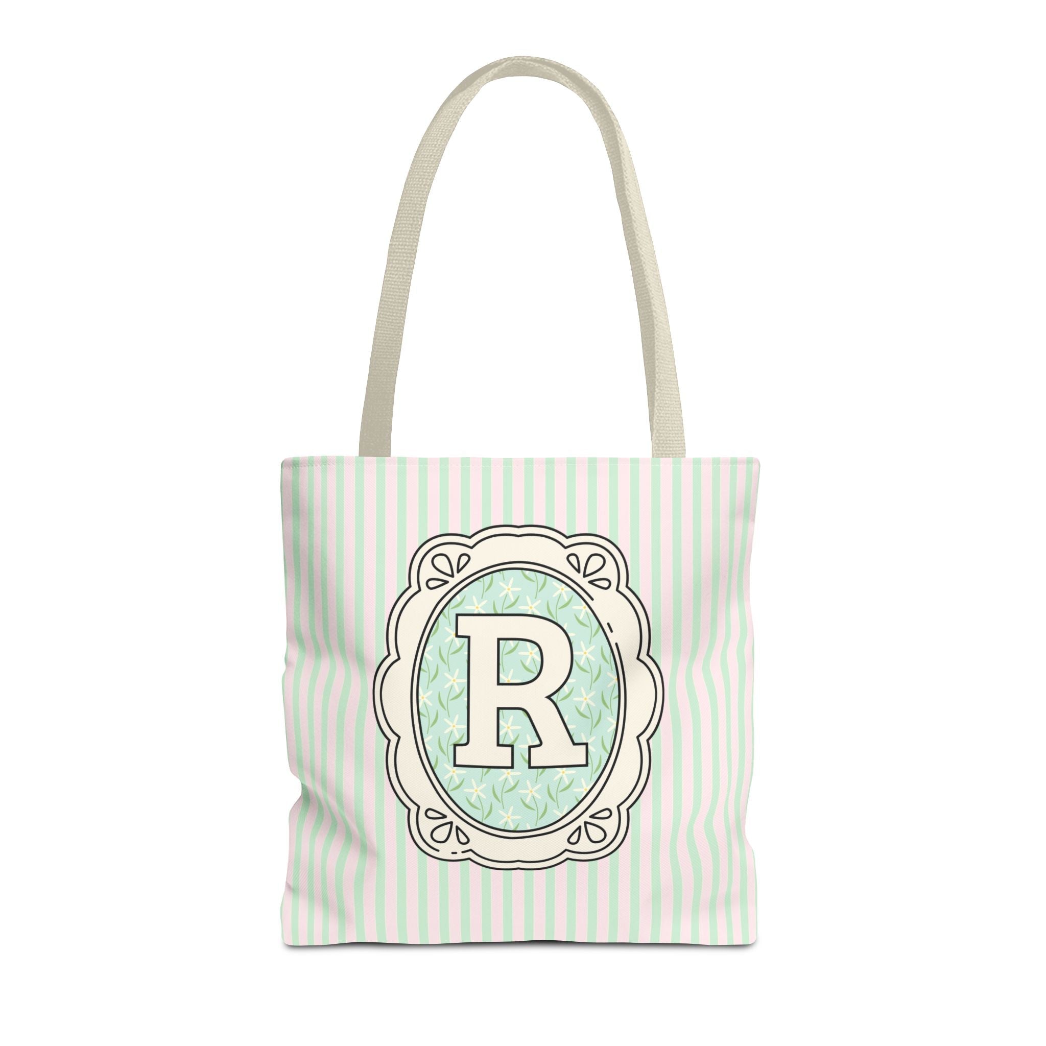 Soft Cottagecore Aesthetic Tote Bag with Flowers and Stripes, Cute Matching Bachelorette Gift for Sisters, Tote with Initial or Letter: R - Opal and June