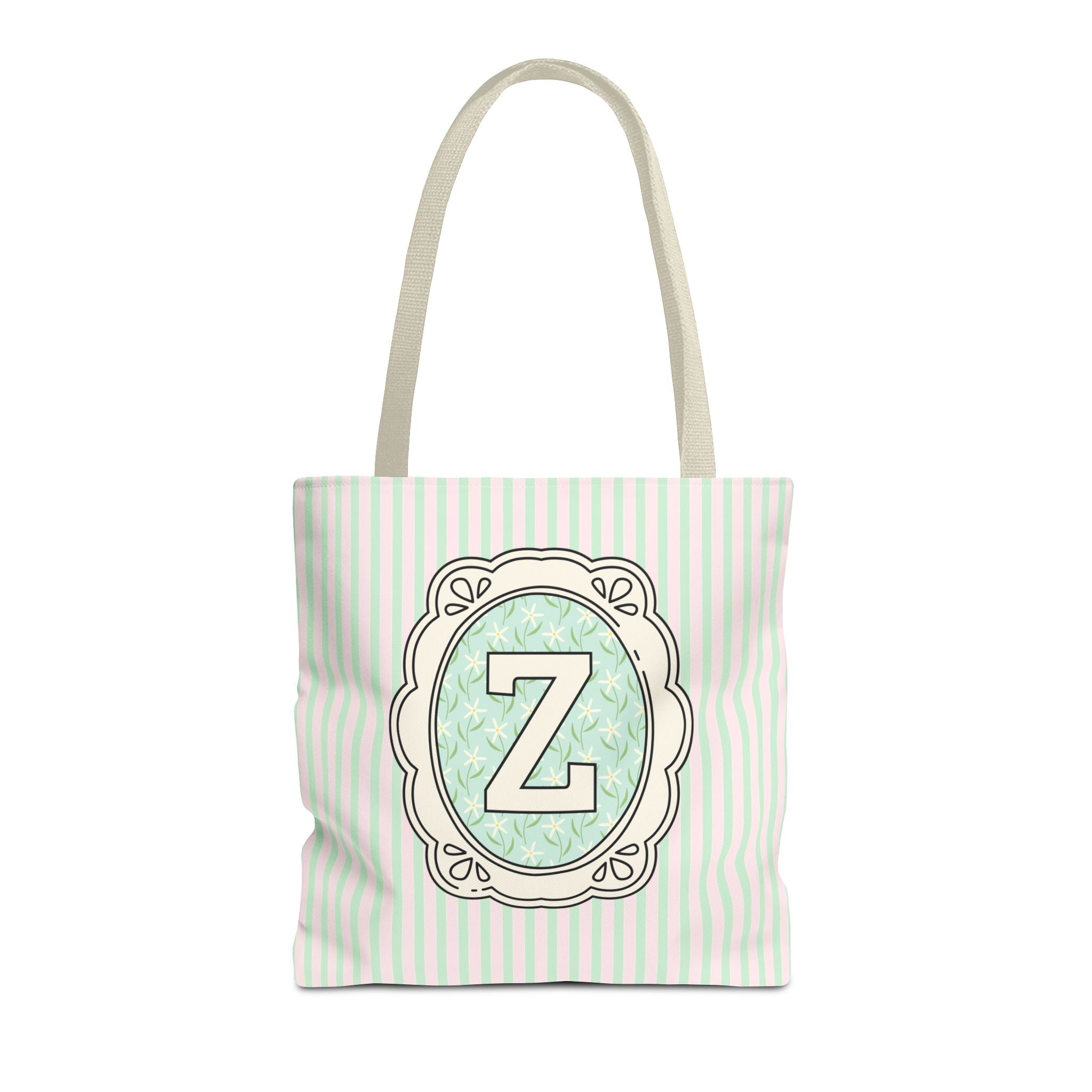Soft Cottagecore Aesthetic Tote Bag with Flowers and Stripes, Cute Matching Bachelorette Gift for Sisters, Tote with Initial or Letter: Z - Opal and June