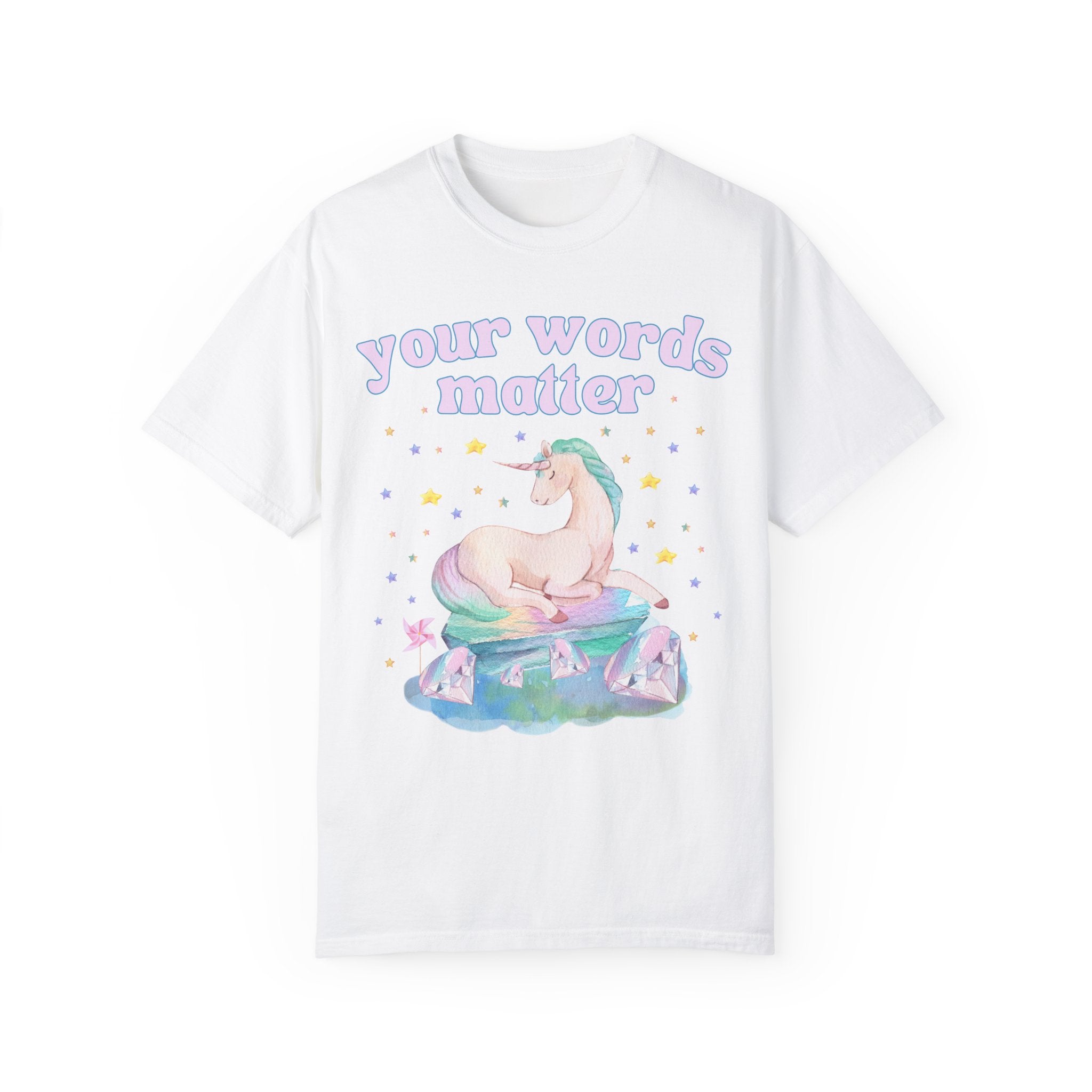 Special Education Teacher Tee Shirt with Whimsical Unicorn: Your Words Matter | Creative Dreamcore Speech Apraxia Therapist Tee with Stars - Opal and June